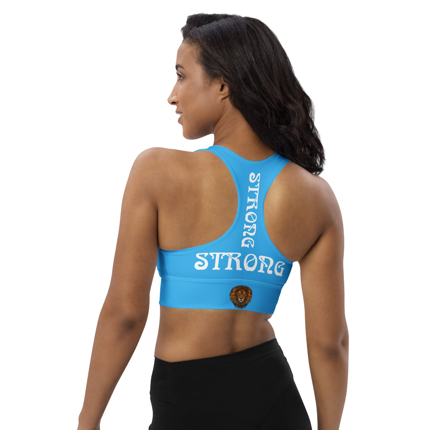 “STRONG”SkyBlue Longline Sports Bra W/White Font