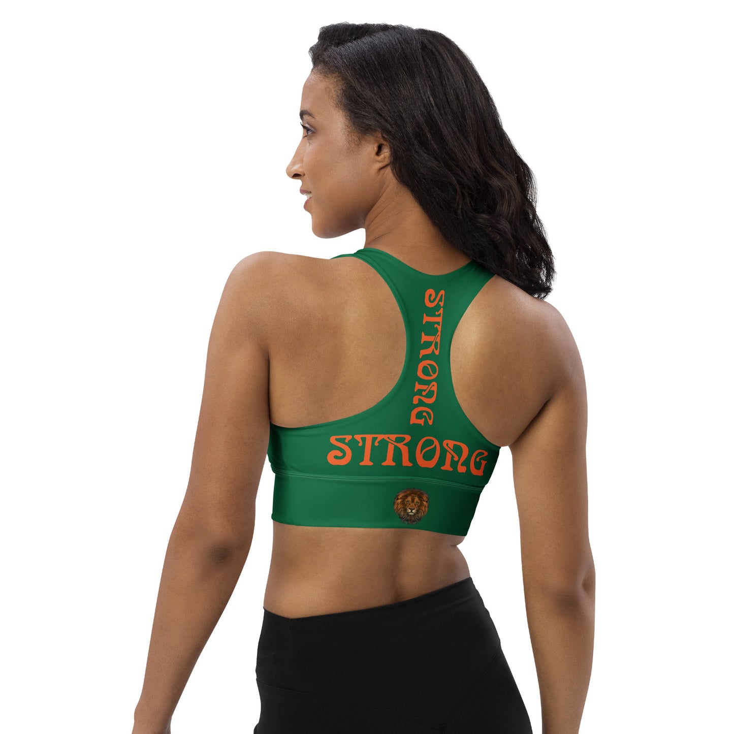 “STRONG” Green Longline Sports Bra W/Orange Font