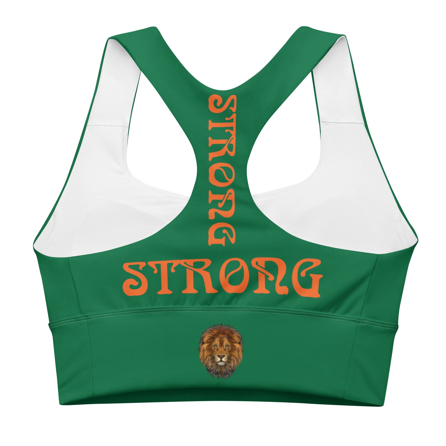 “STRONG” Green Longline Sports Bra W/Orange Font