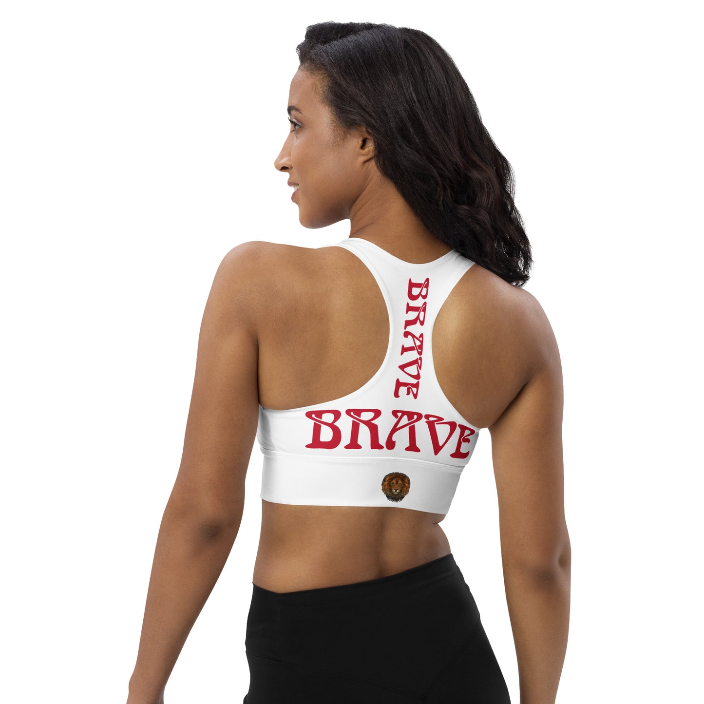 “BRAVE”White Longline Sports Bra W/Red Font