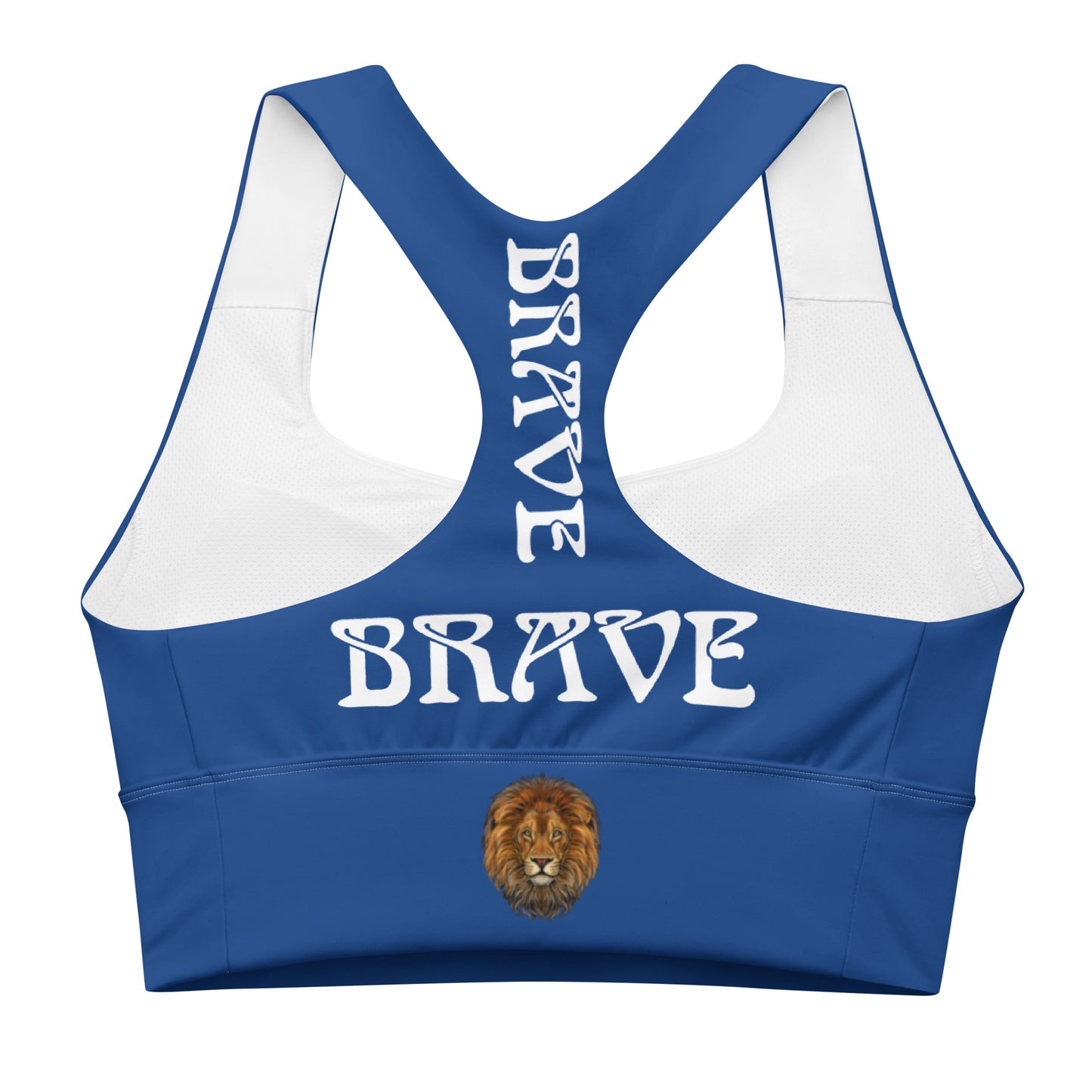 “BRAVE”Blue Longline Sports Bra W/White Font