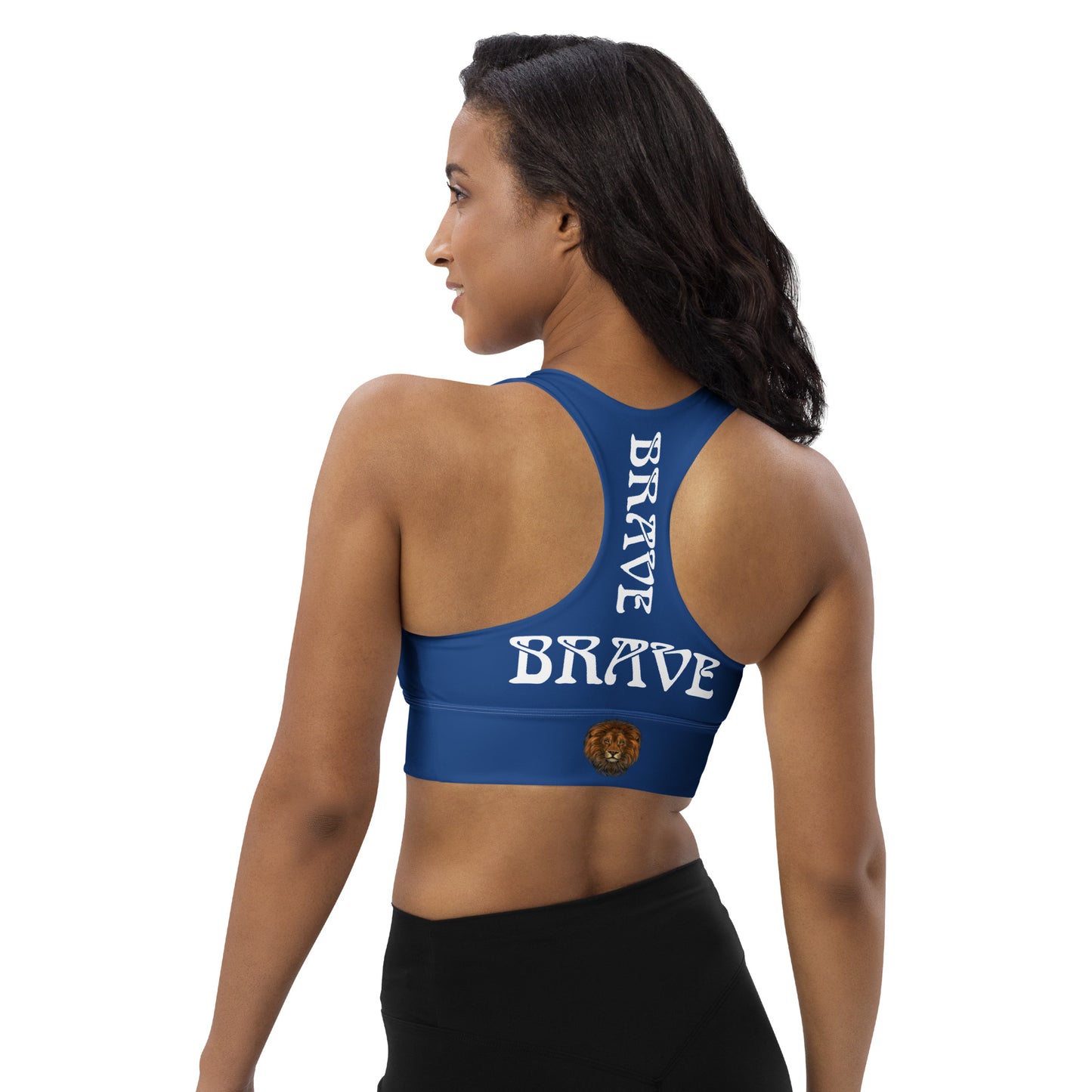 “BRAVE”Blue Longline Sports Bra W/White Font