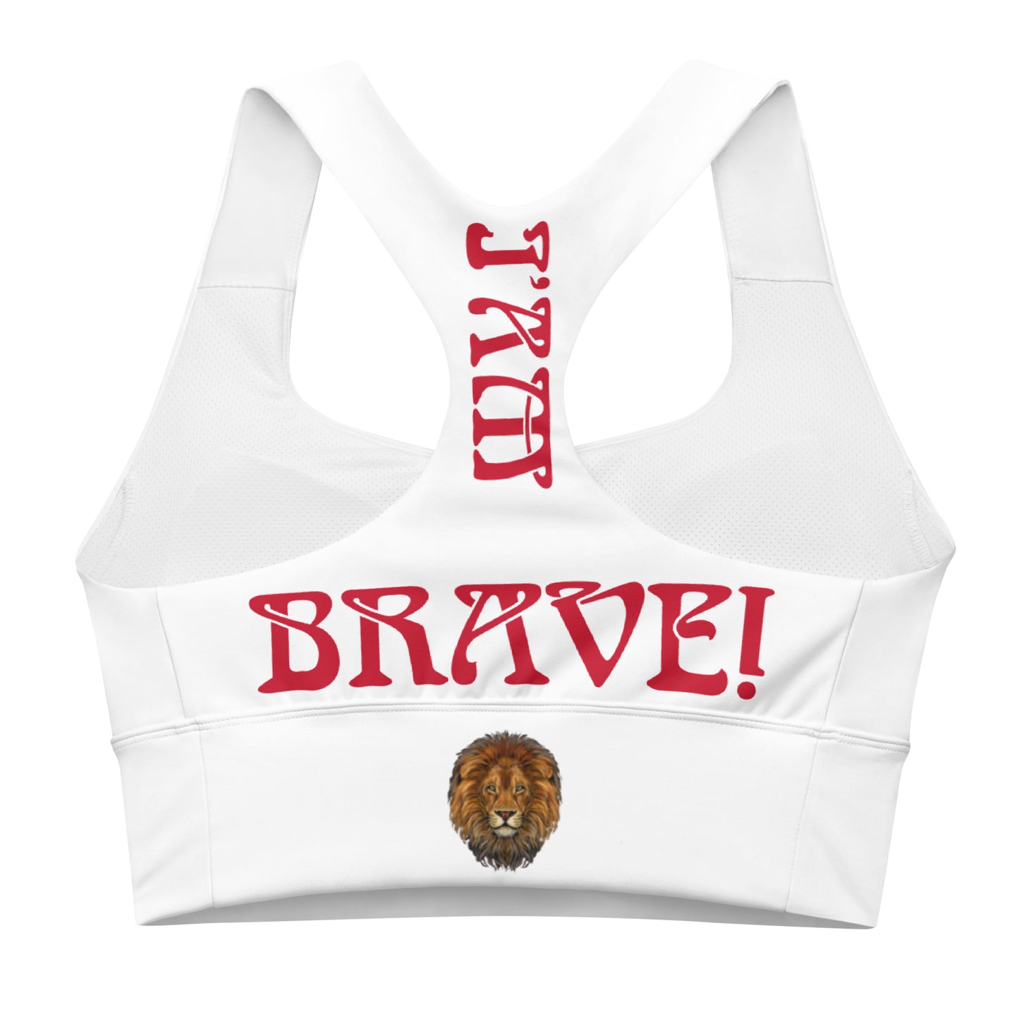 “I’AM BRAVE!” White Longline Sports Bra W/Red Font