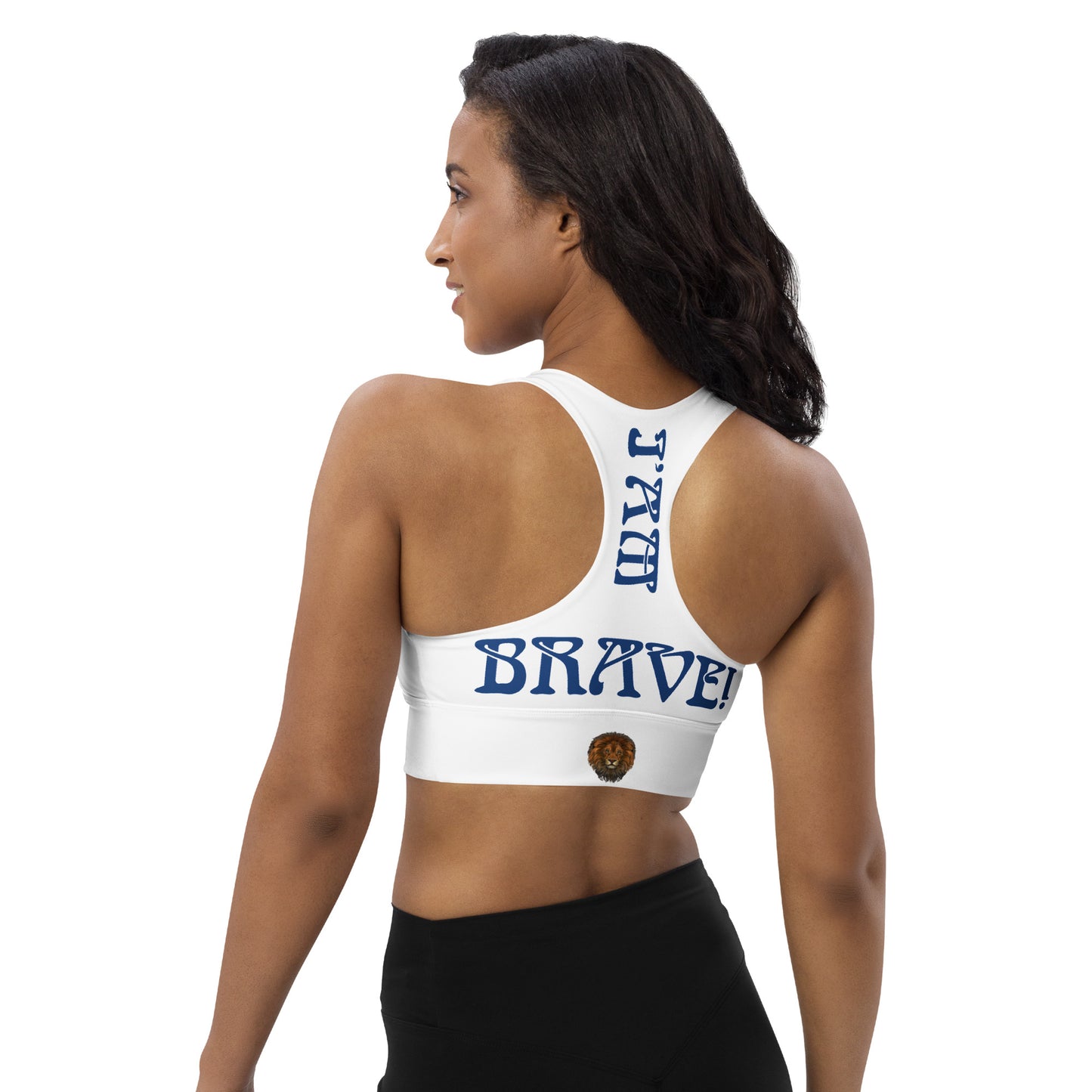 “I’AM BRAVE!” White Longline Sports Bra W/Blue Font