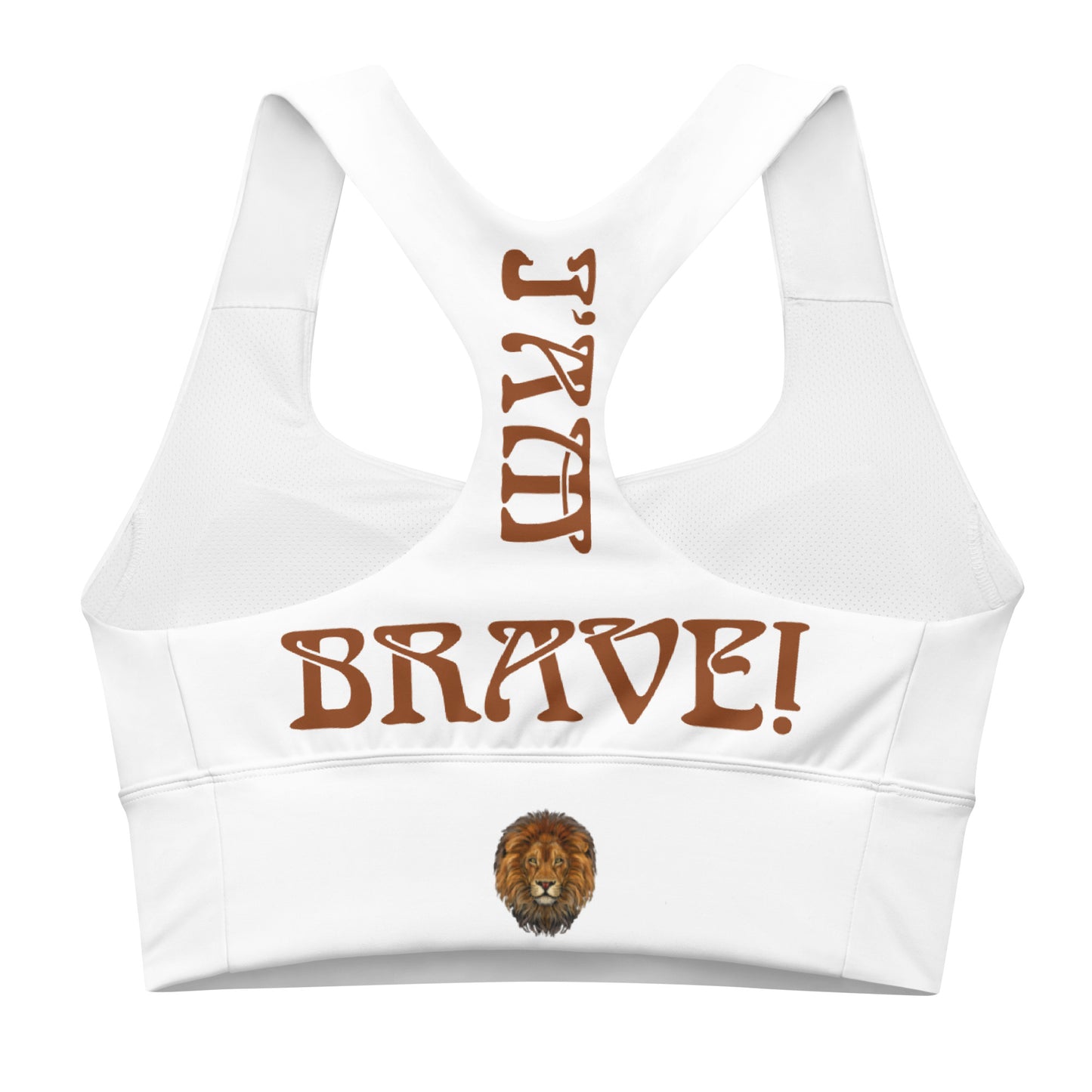 “I’AM BRAVE!” White Longline Sports Bra W/Brown Font