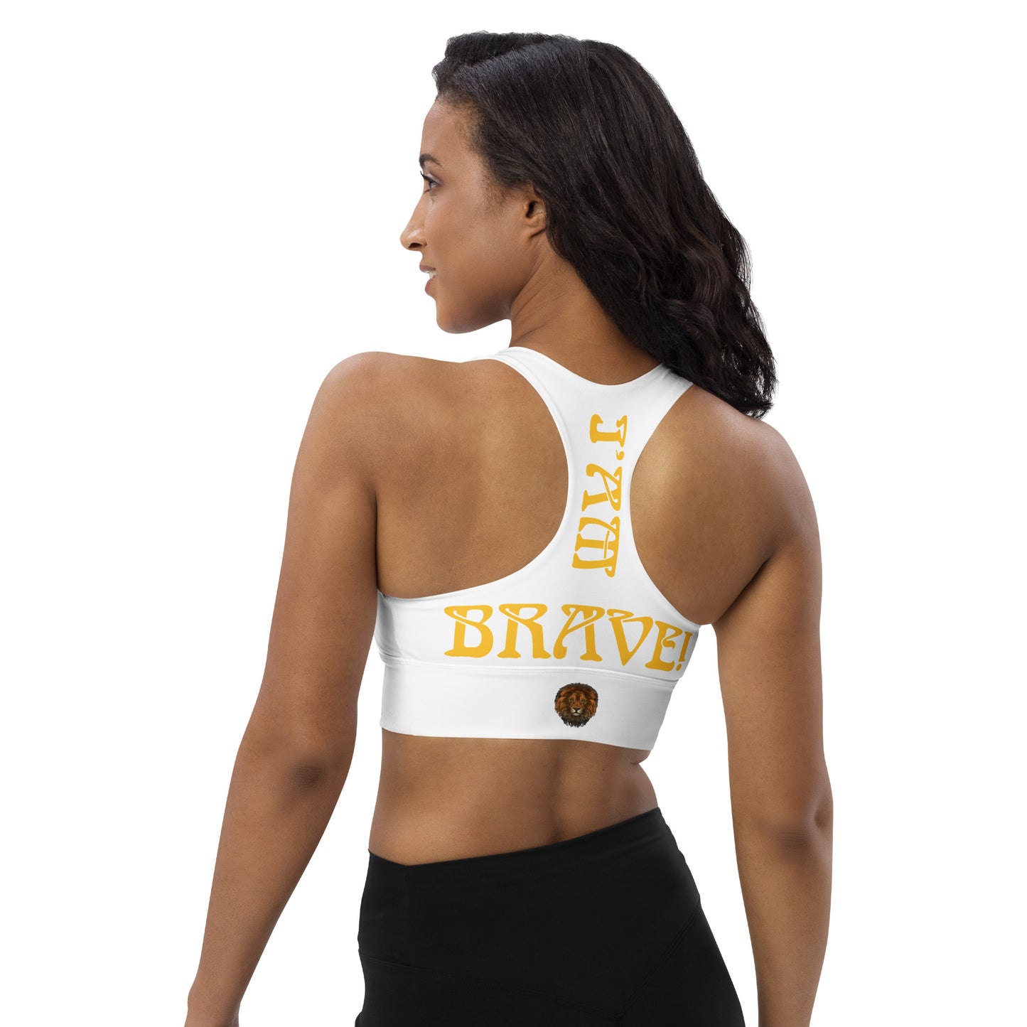 “I’AM BRAVE!” White Longline Sports Bra W/Yellow Font