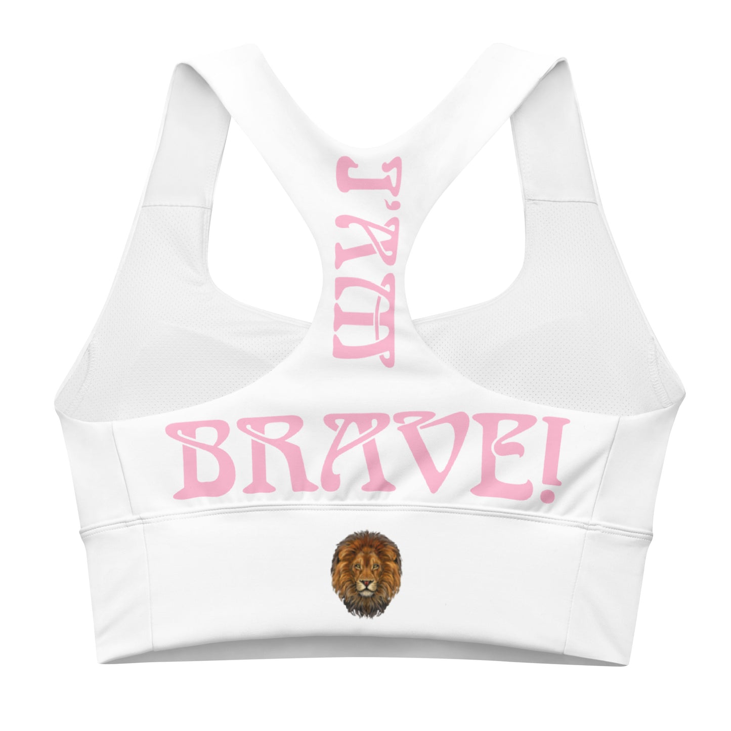 “I’AM BRAVE!” White Longline Sports Bra W/Cotton Candy Font