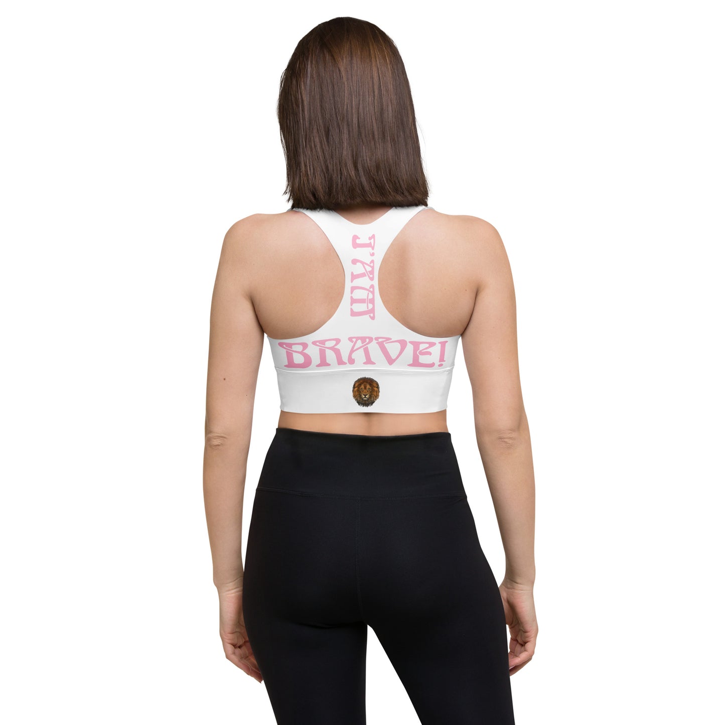 “I’AM BRAVE!” White Longline Sports Bra W/Cotton Candy Font