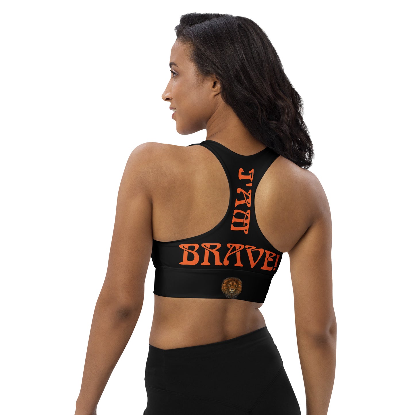 “I’AM BRAVE!” Black Longline Sports Bra W/Orange Font