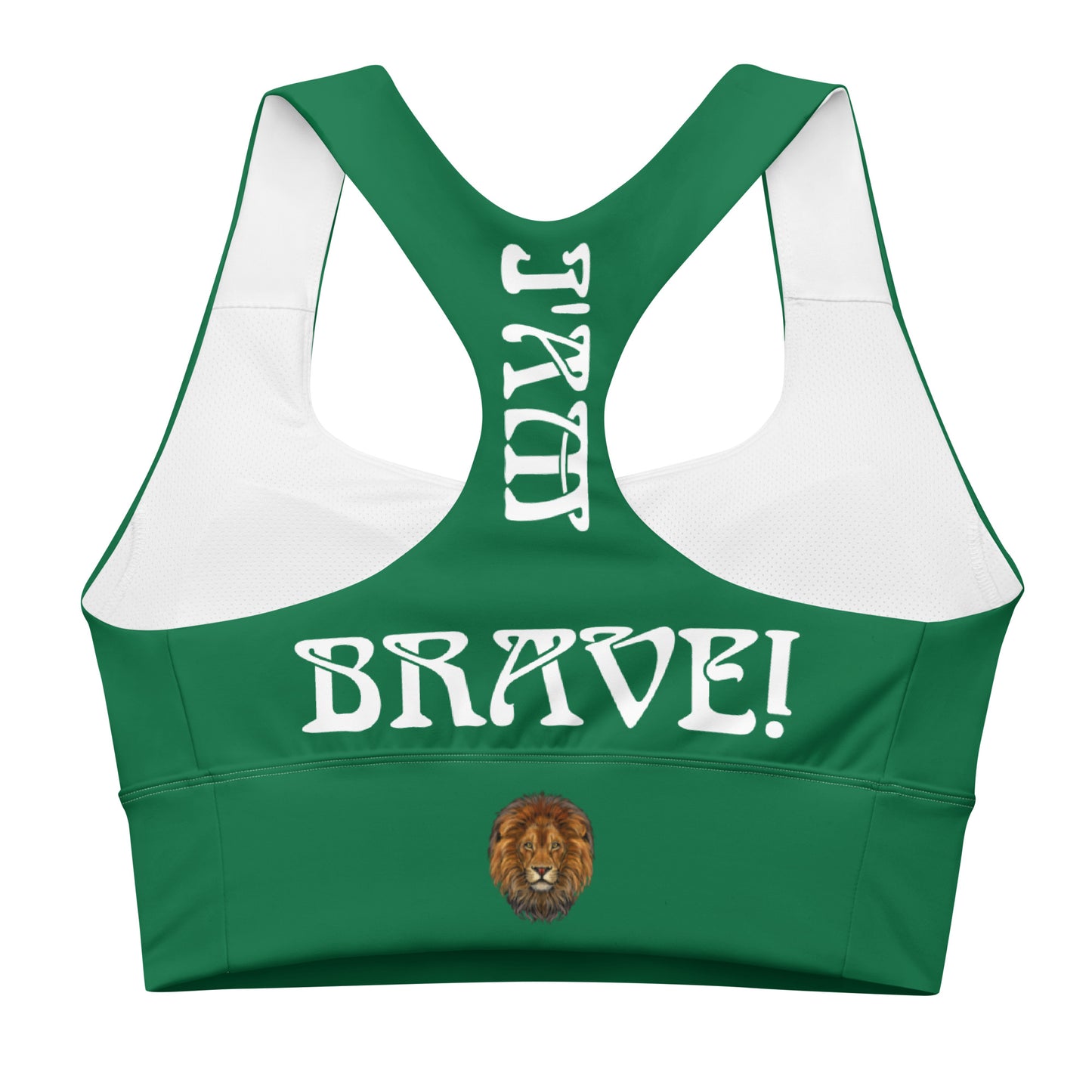 “I’AM BRAVE!” Green Longline Sports Bra W/White Font