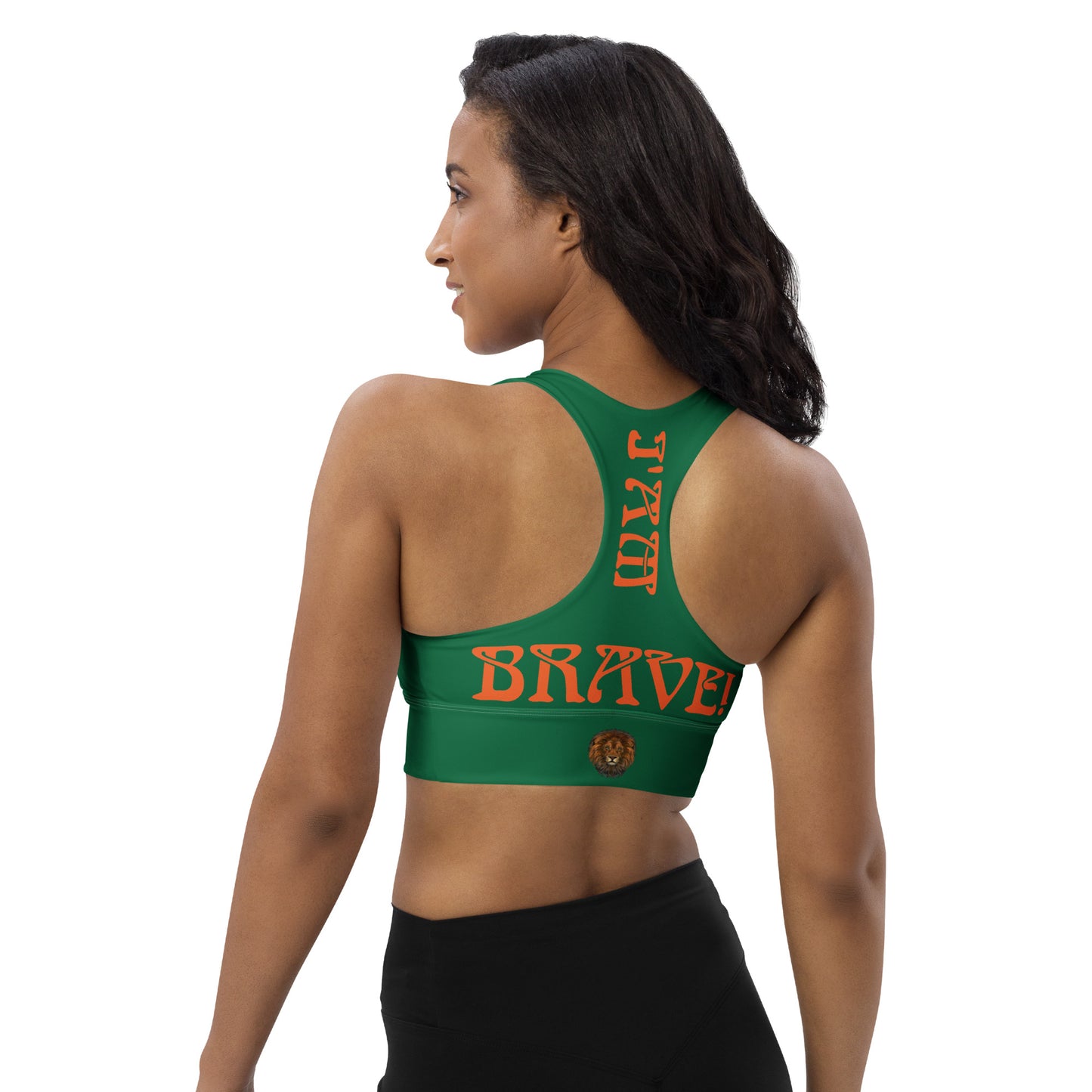 “I’AM BRAVE!” Green Longline Sports Bra W/Orange Font