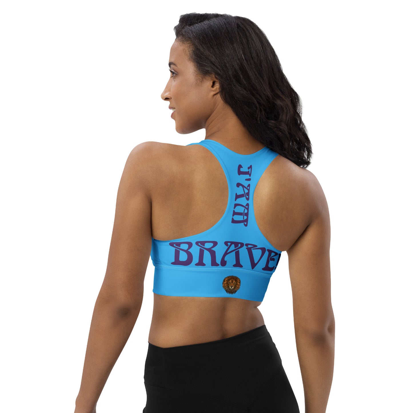 “I’AM BRAVE!” SkyBlue Longline Sports Bra W/Purple Font