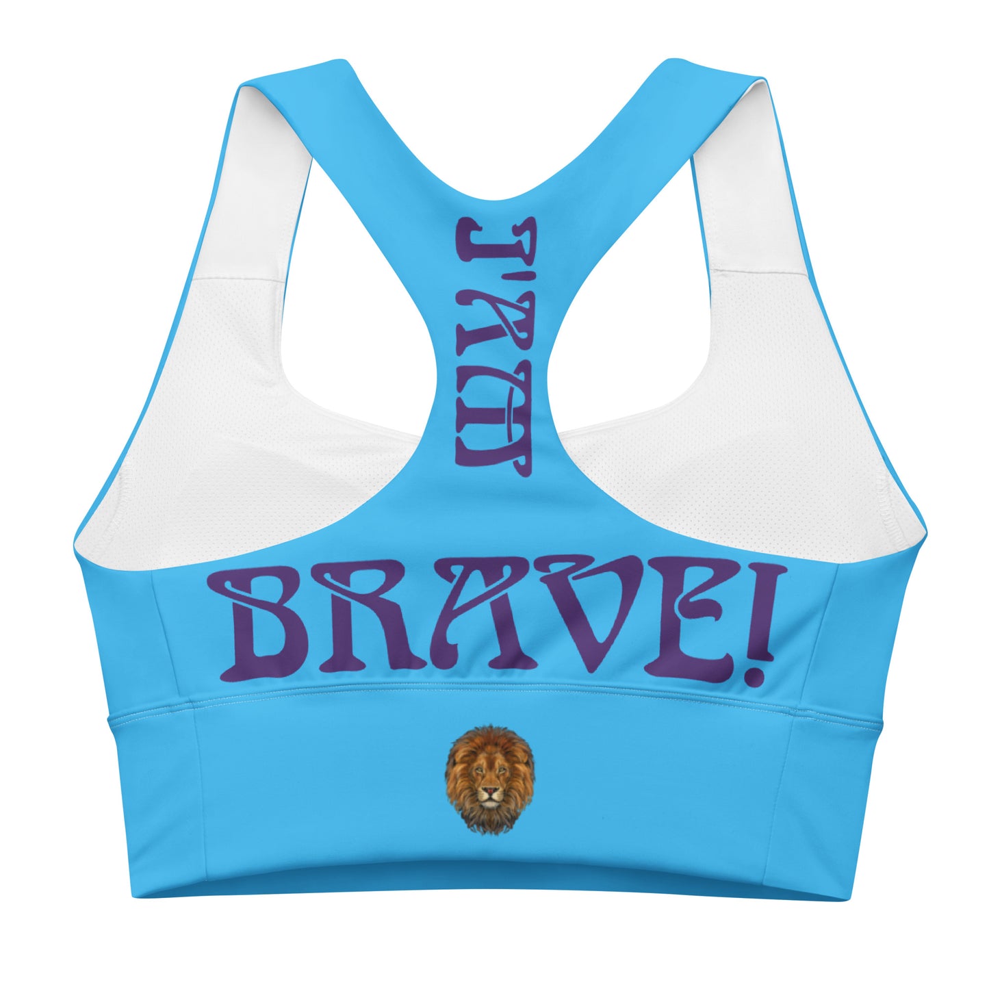 “I’AM BRAVE!” SkyBlue Longline Sports Bra W/Purple Font