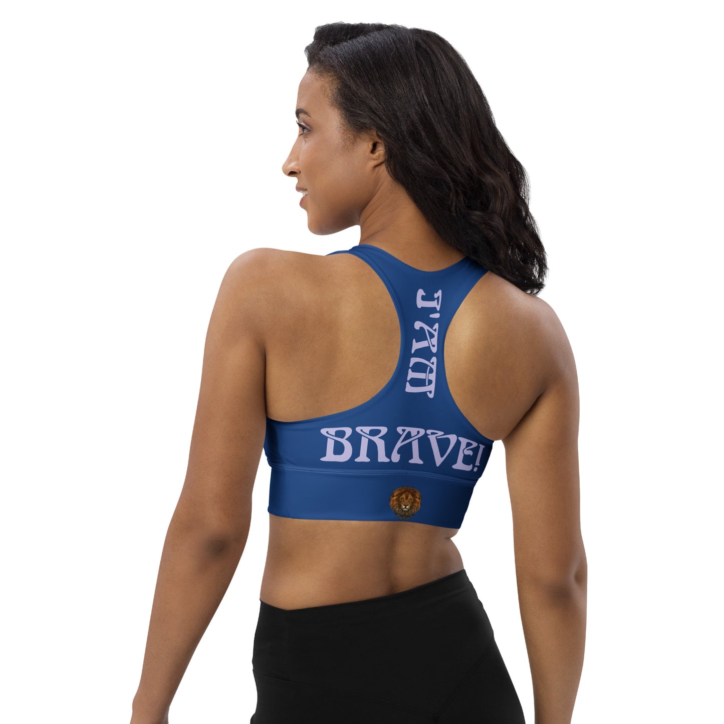 “I’AM BRAVE!” Cerulean Longline Sports Bra W/Purple Font