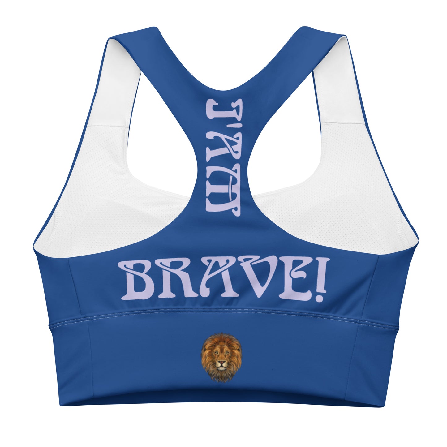 “I’AM BRAVE!” Cerulean Longline Sports Bra W/Purple Font