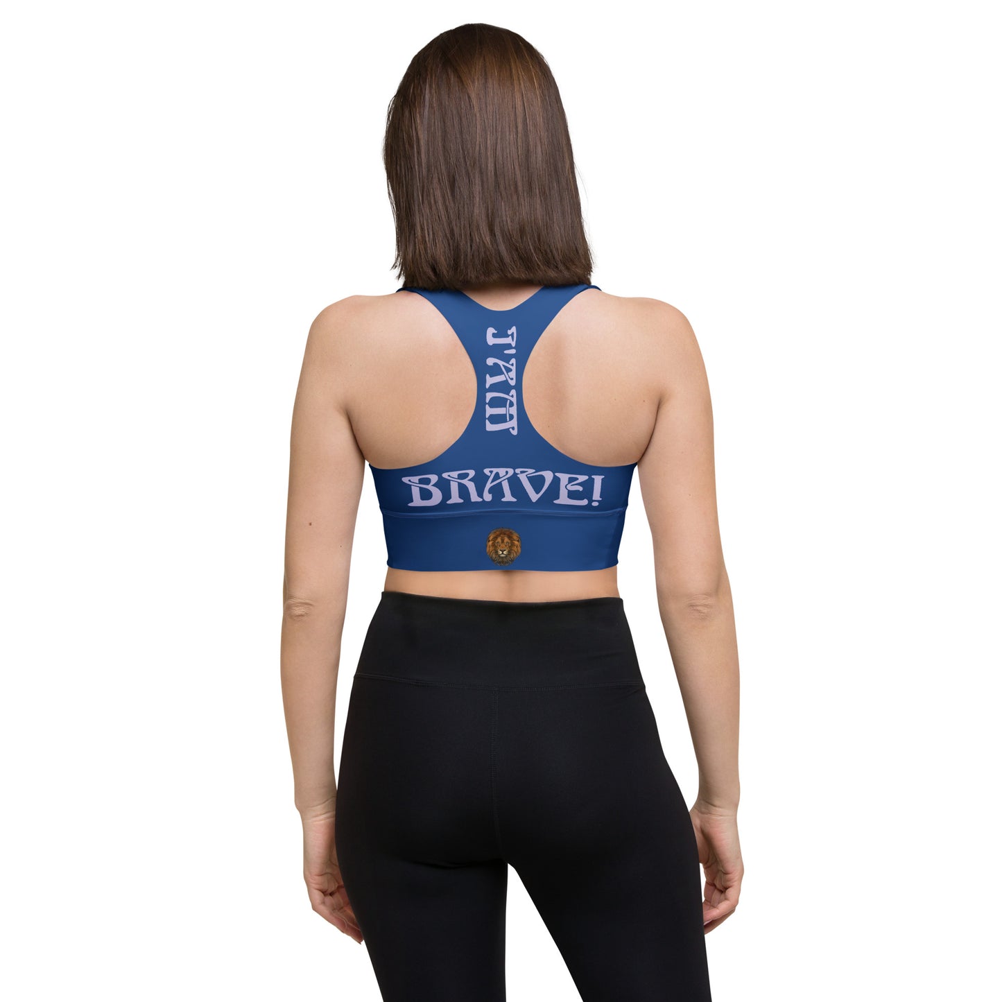 “I’AM BRAVE!” Cerulean Longline Sports Bra W/Purple Font