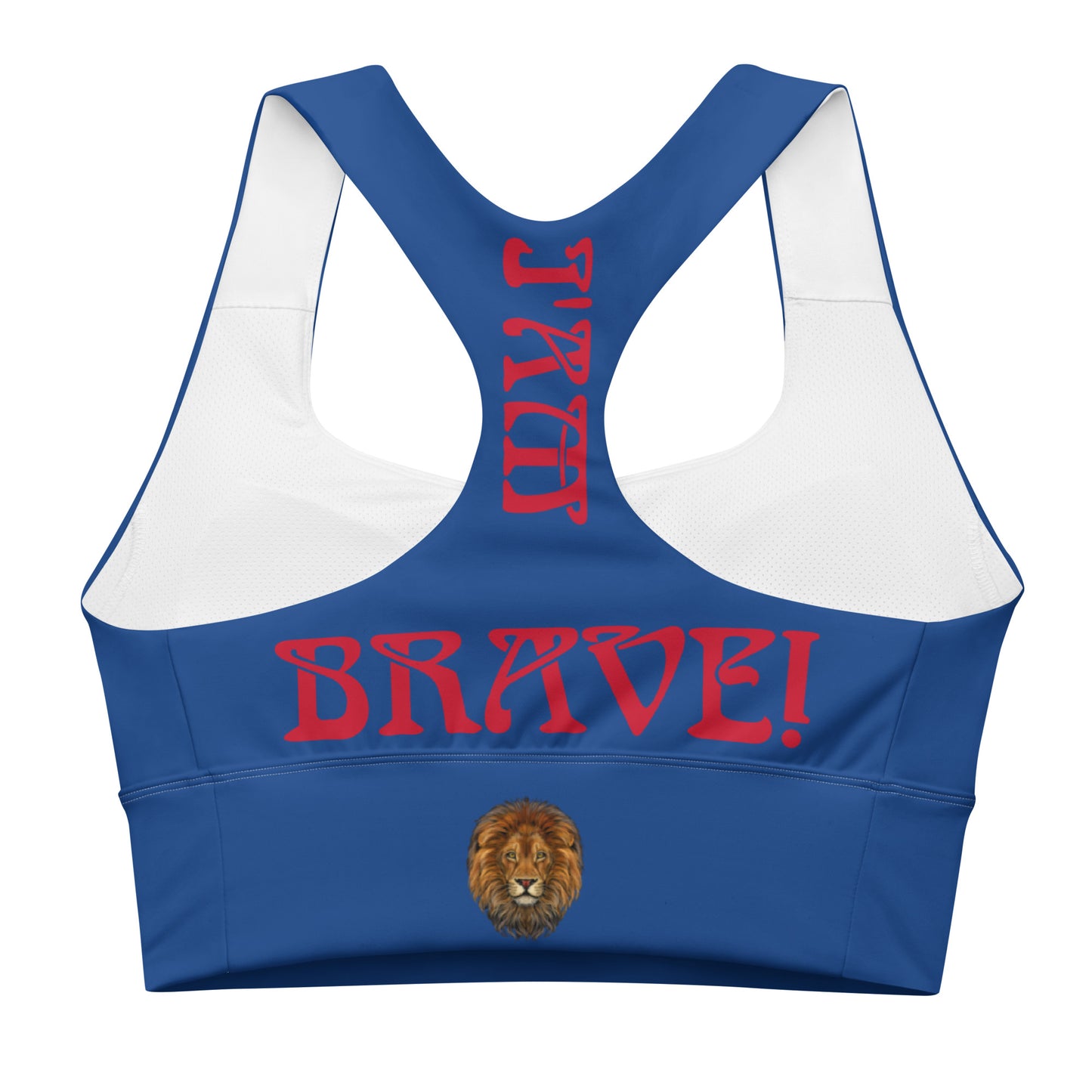 “I’AM BRAVE!” Cerulean Longline Sports Bra W/Red Font