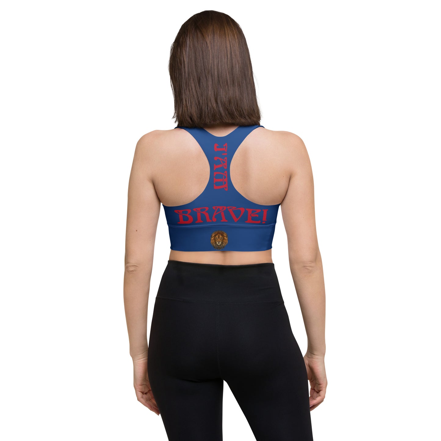 “I’AM BRAVE!” Cerulean Longline Sports Bra W/Red Font