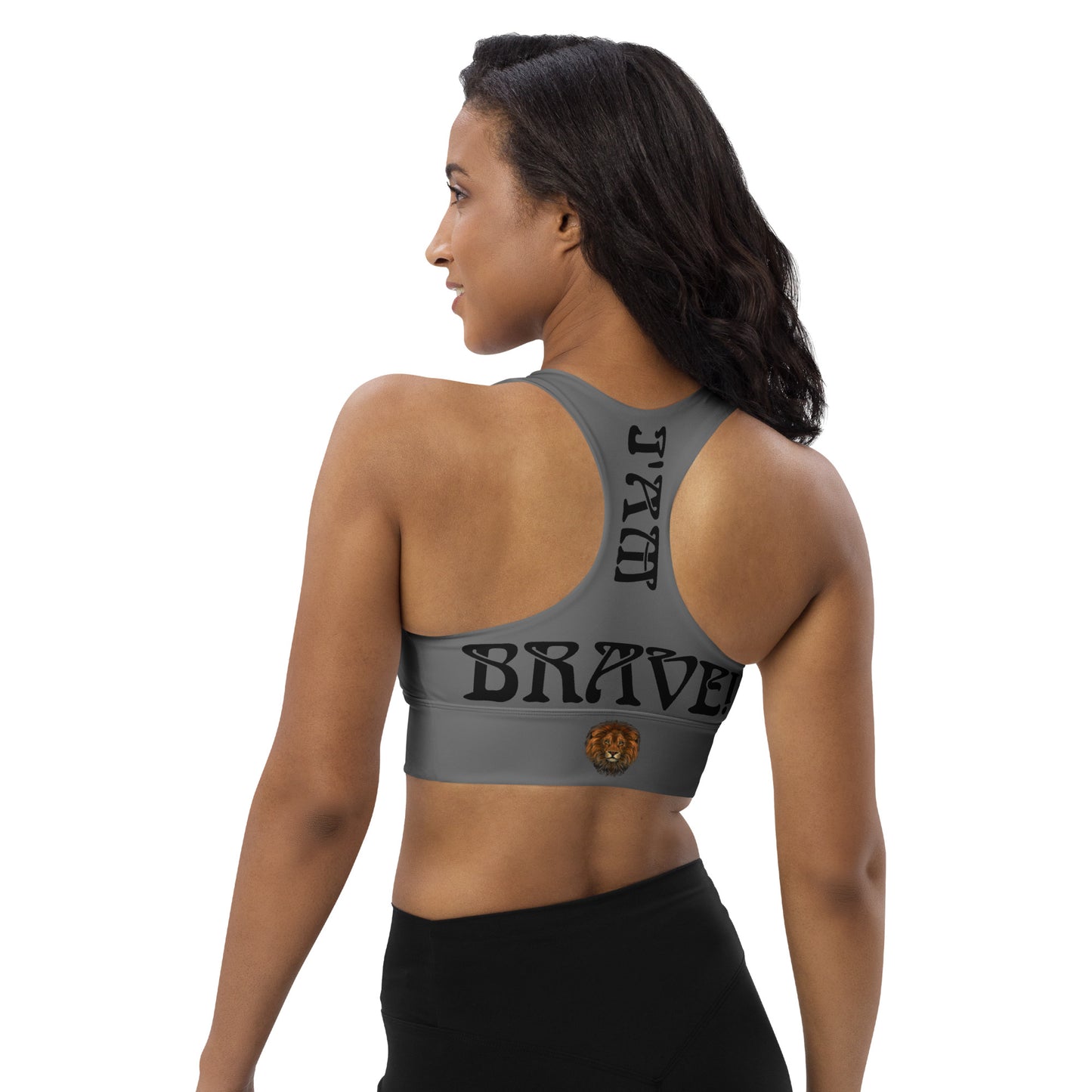 “I’AM BRAVE!” Grey Longline Sports Bra W/Black Font