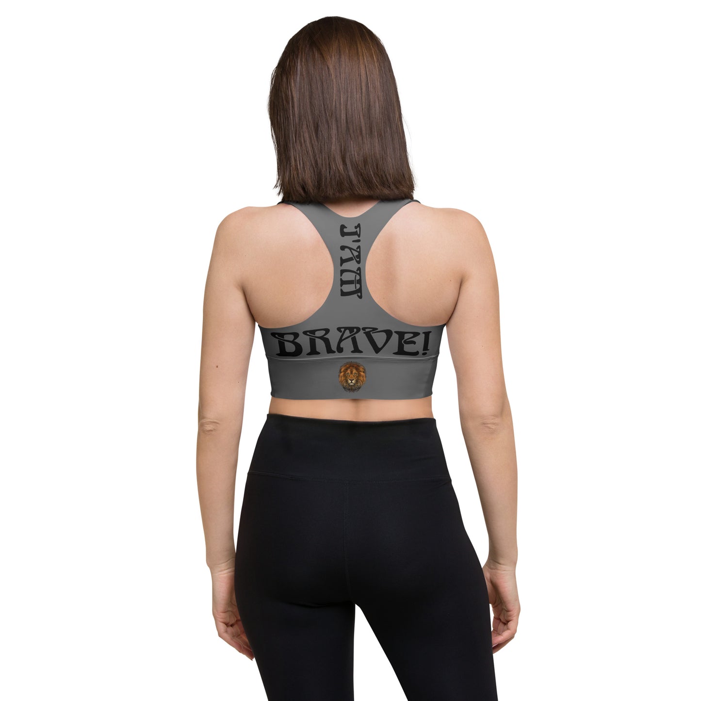 “I’AM BRAVE!” Grey Longline Sports Bra W/Black Font