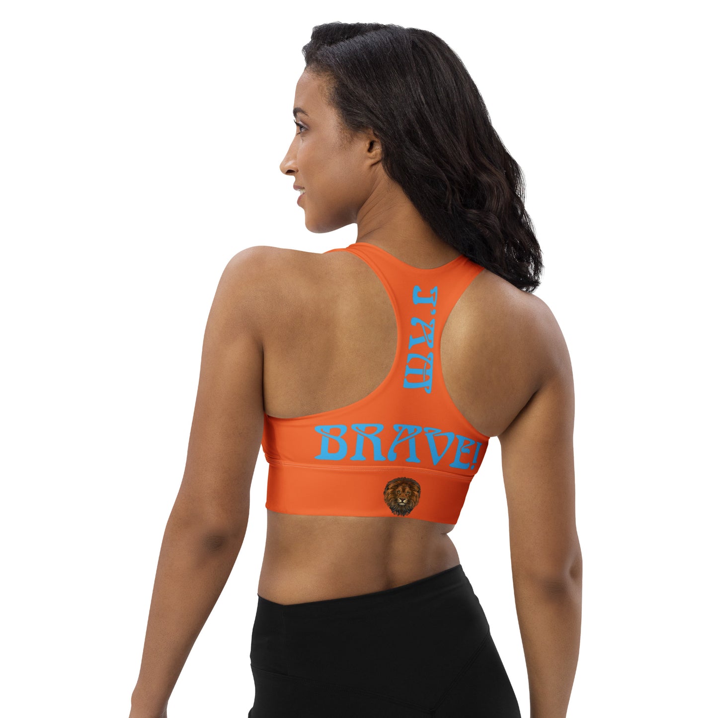 “I’AM BRAVE!” Orange Longline Sports Bra W/SkyBlue Font