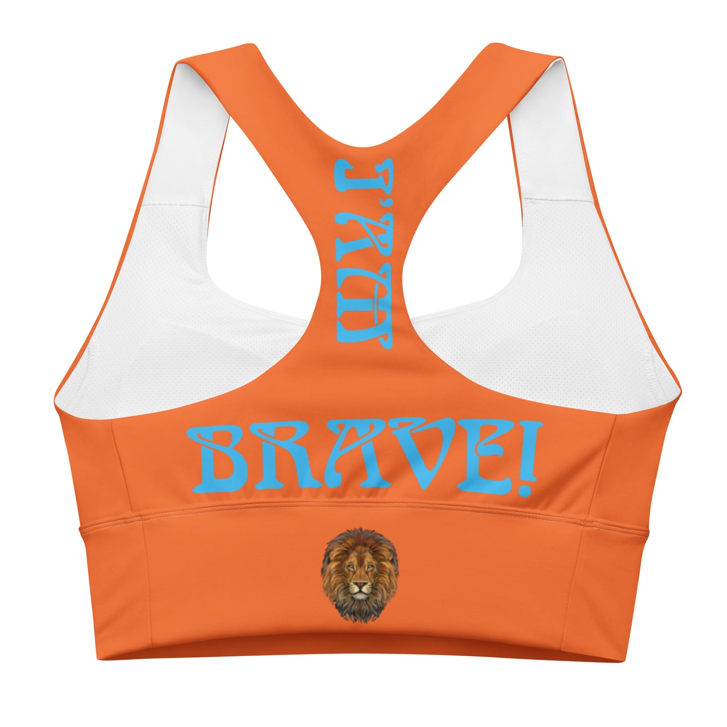 “I’AM BRAVE!” Orange Longline Sports Bra W/SkyBlue Font