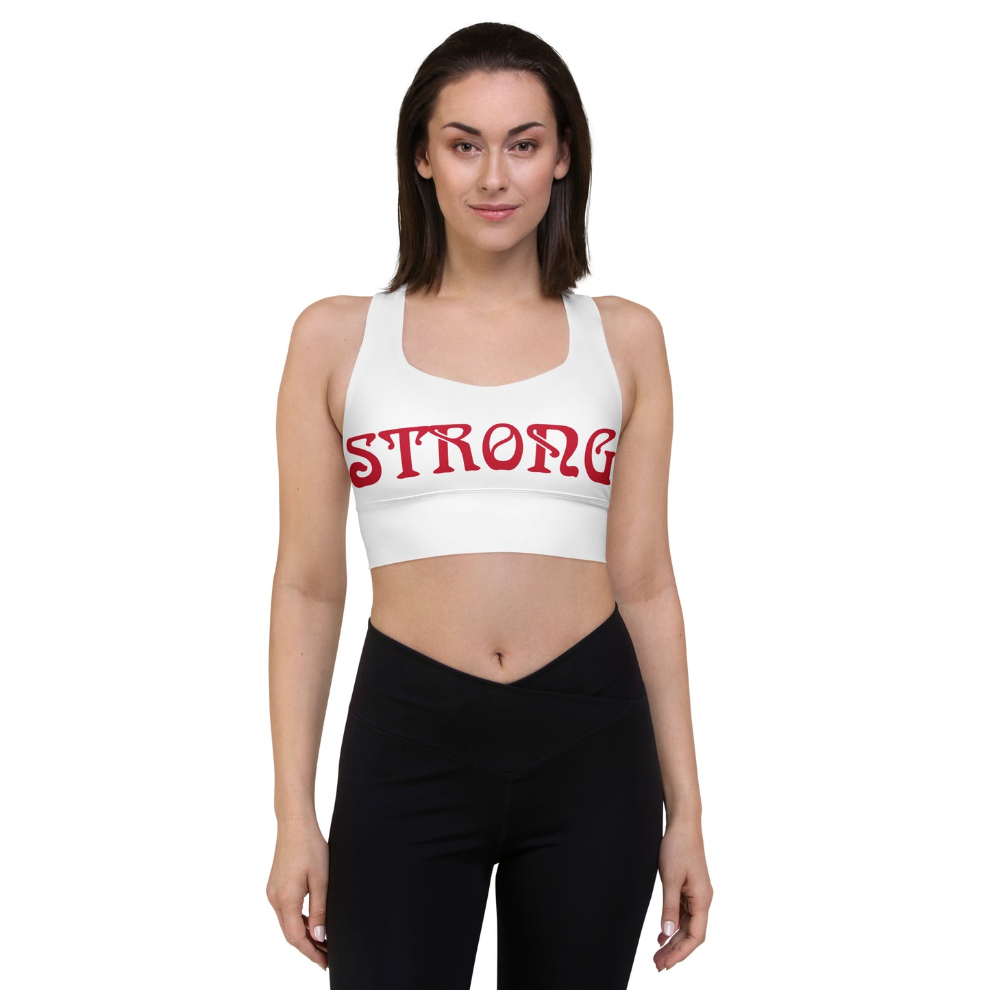 “STRONG”White Longline Sports Bra W/Red Font