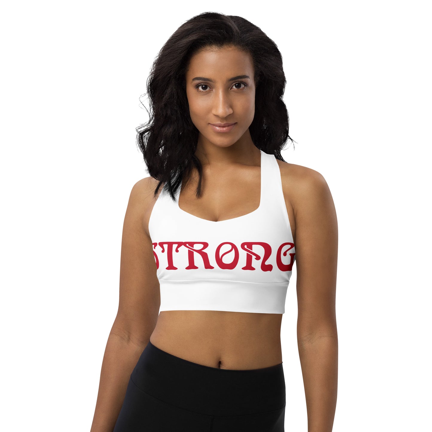 “STRONG”White Longline Sports Bra W/Red Font