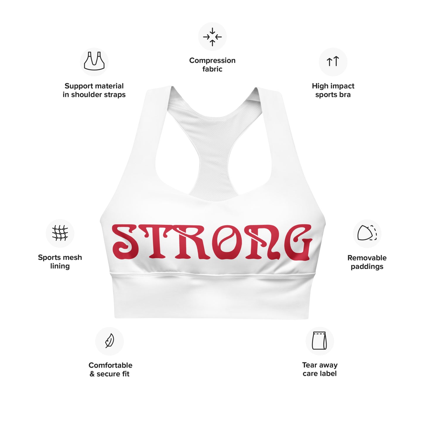 “STRONG”White Longline Sports Bra W/Red Font