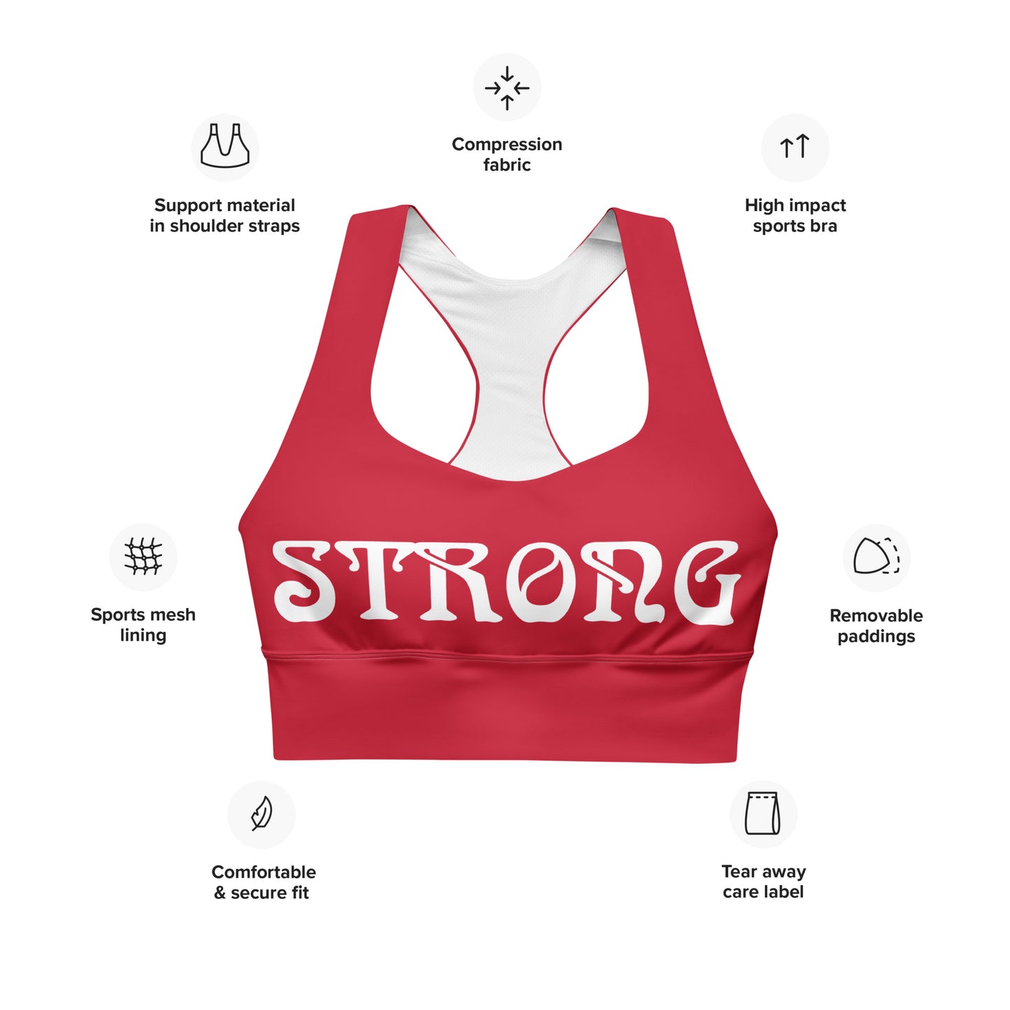 “STRONG”Red Longline Sports Bra W/White Font