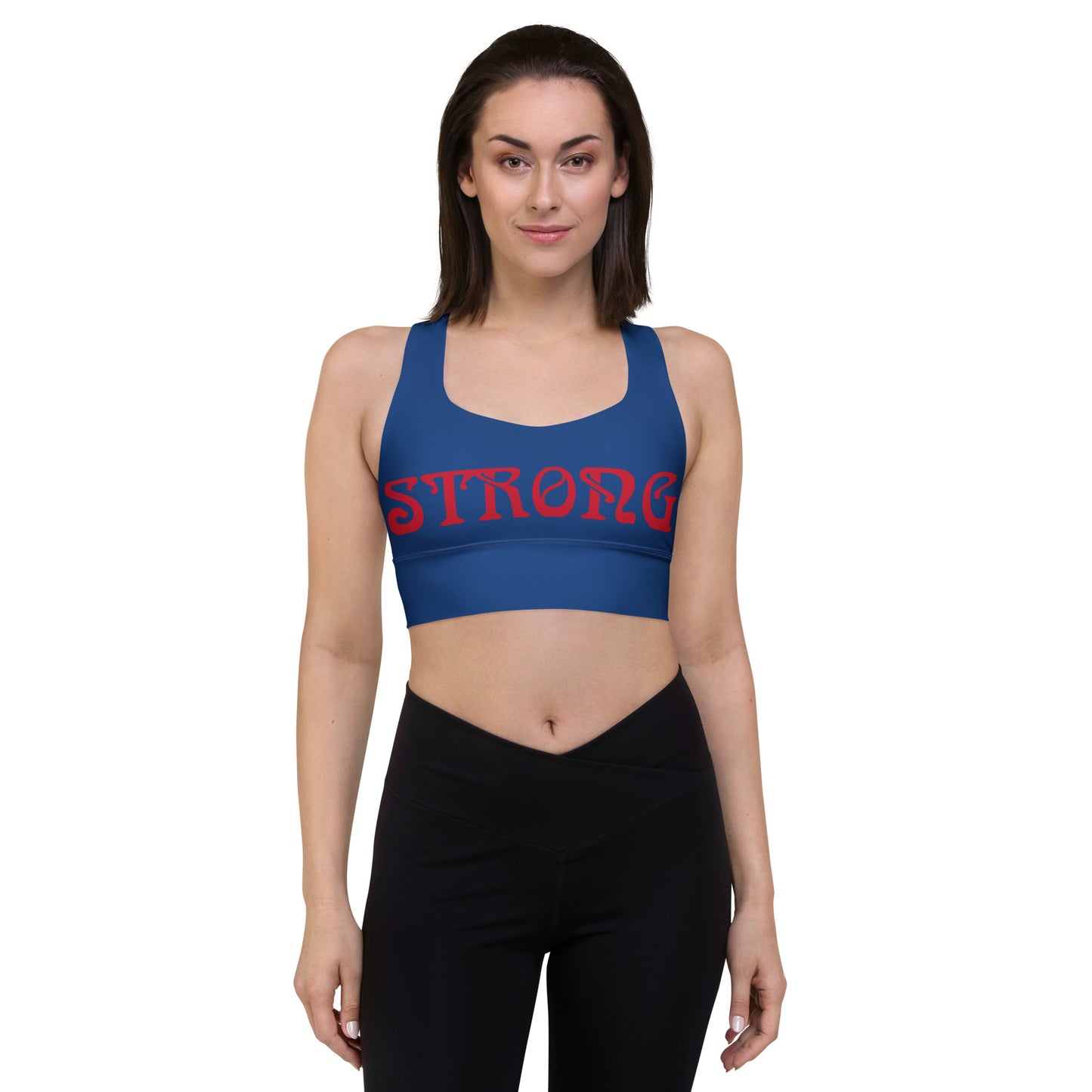 “STRONG”Blue Longline Sports Bra W/Red Font