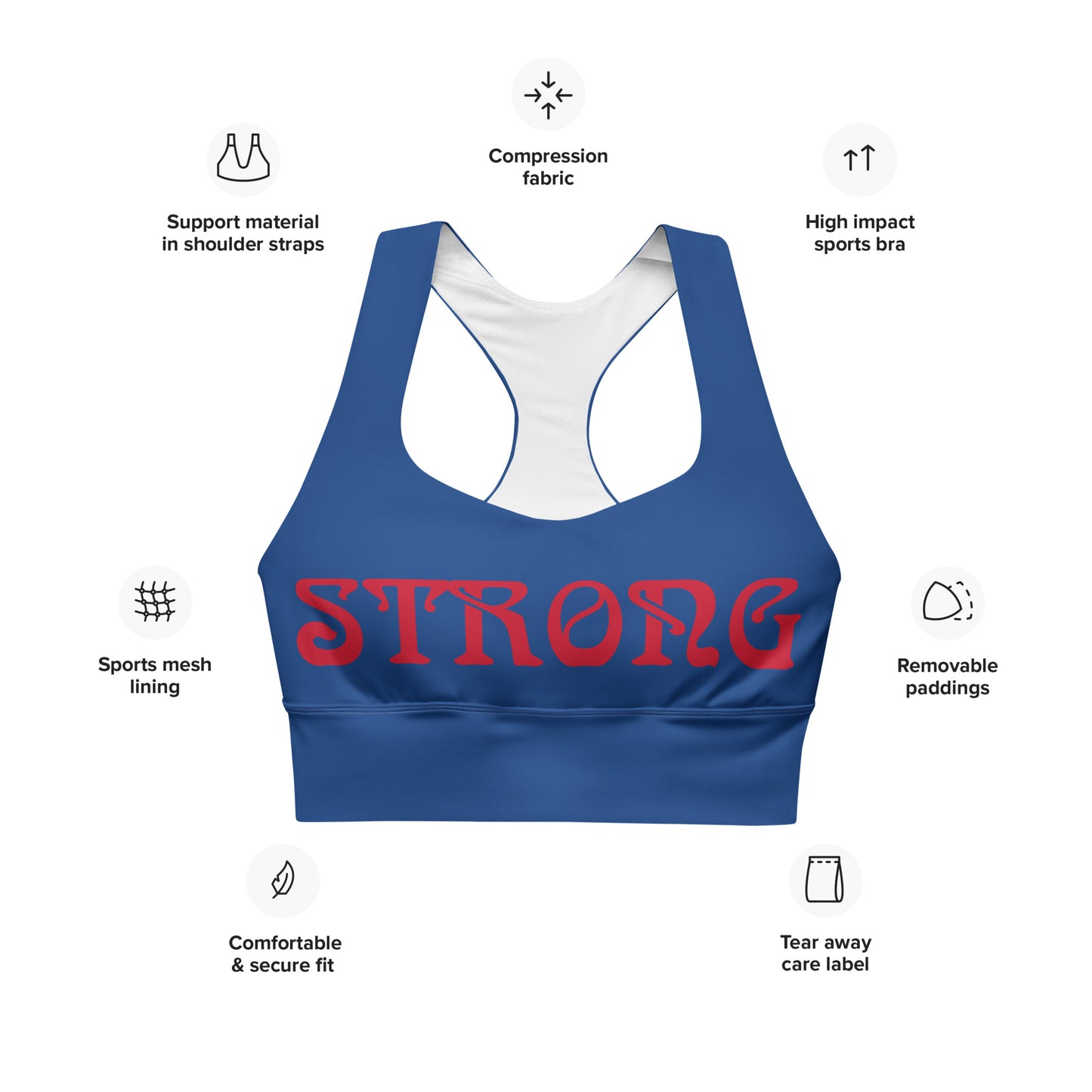 “STRONG”Blue Longline Sports Bra W/Red Font