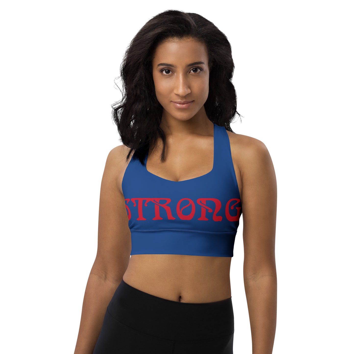 “STRONG”Blue Longline Sports Bra W/Red Font