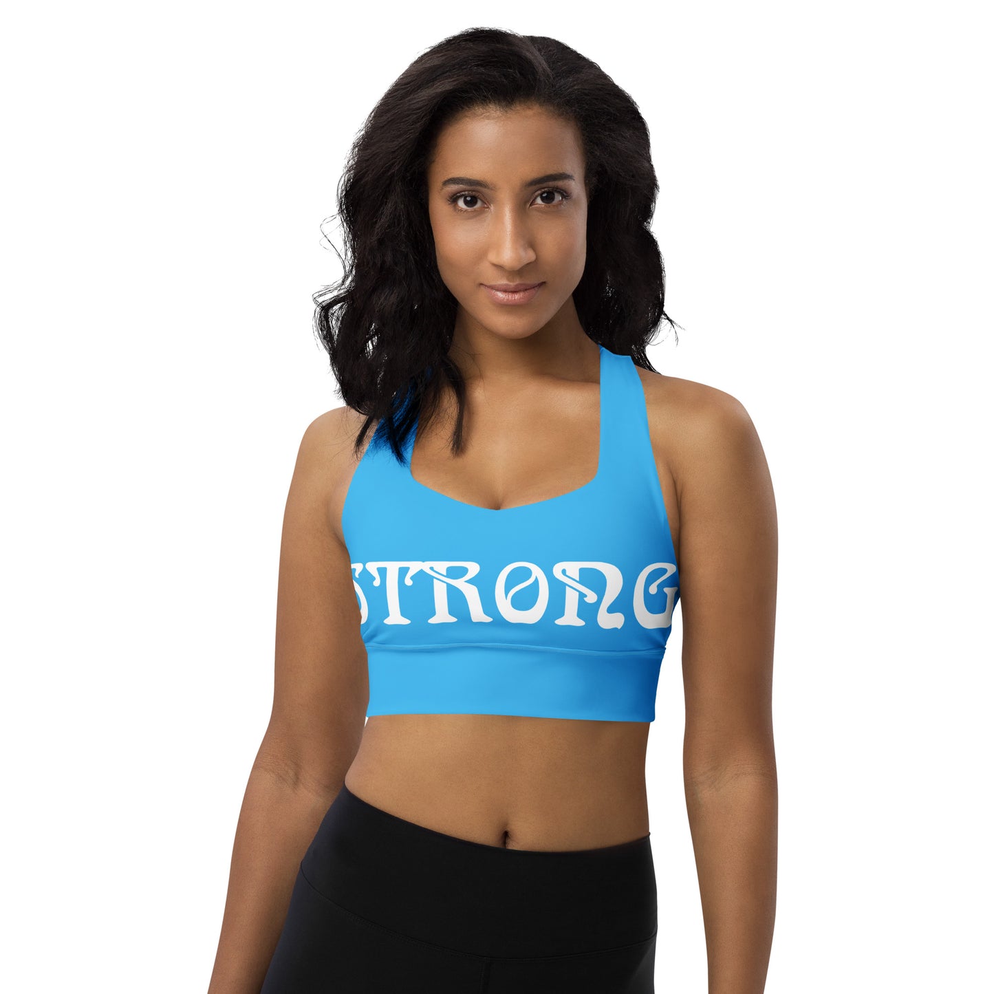 “STRONG" SkyBlue Longline Sports Bra W/White Font