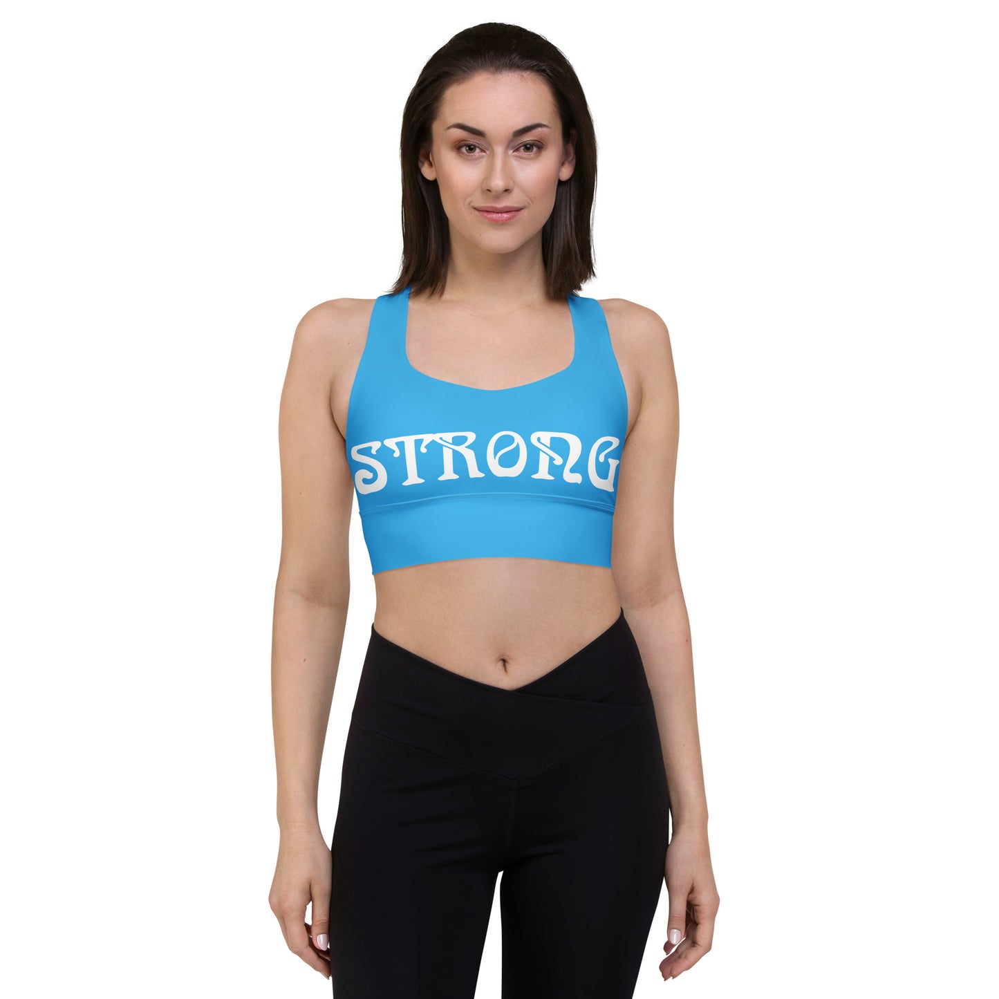 “STRONG" SkyBlue Longline Sports Bra W/White Font