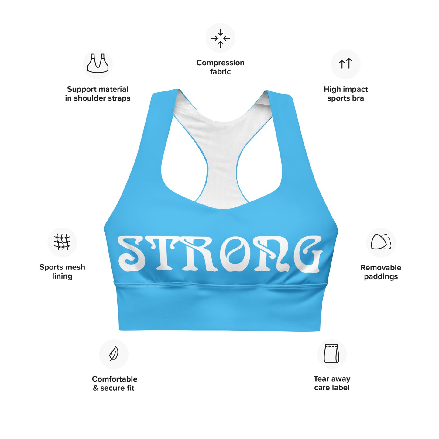 “STRONG" SkyBlue Longline Sports Bra W/White Font