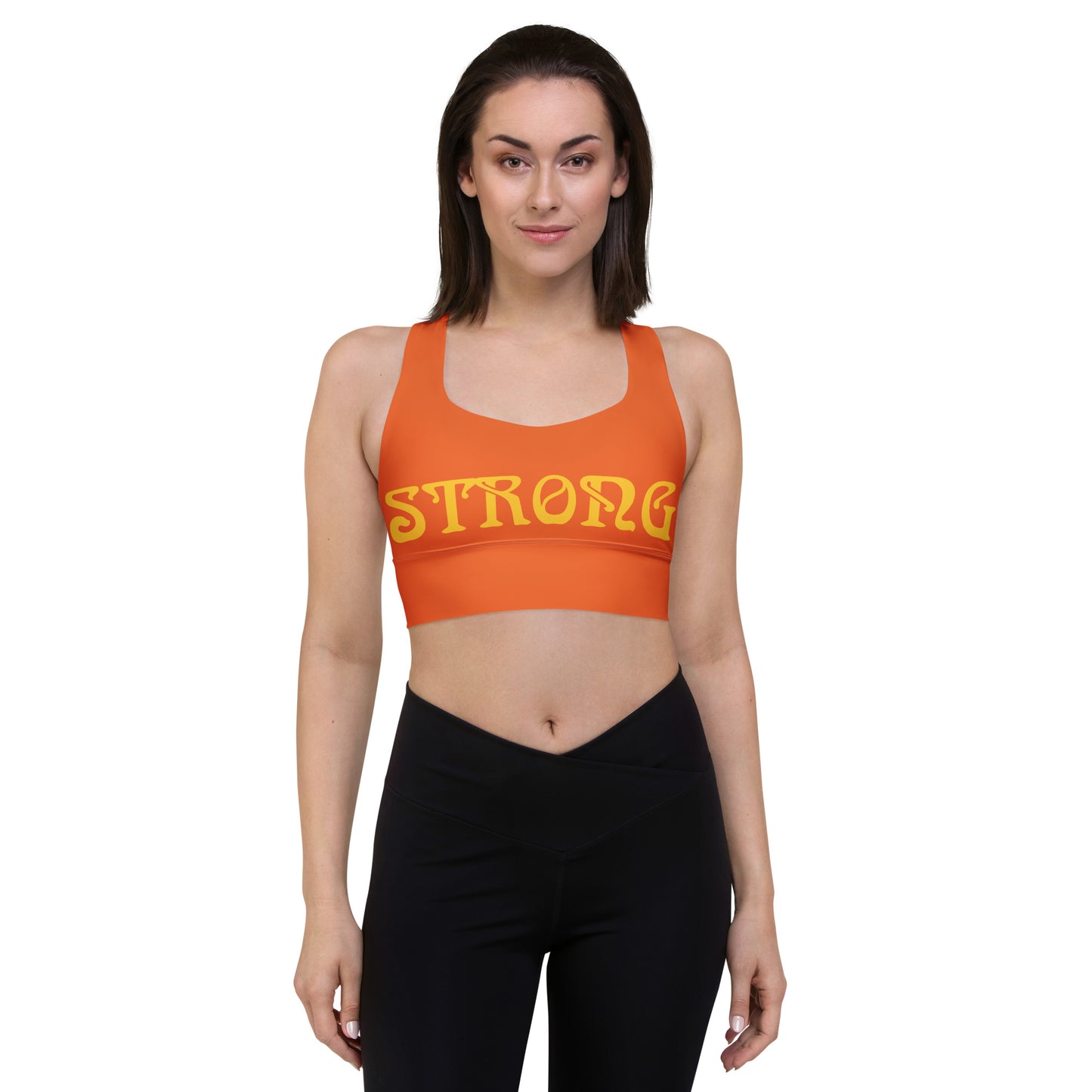 “STRONG”Orange Longline Sports Bra W/Yellow Font