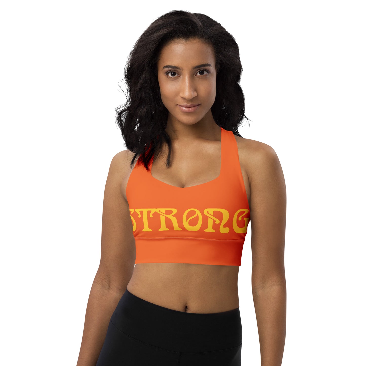 “STRONG”Orange Longline Sports Bra W/Yellow Font