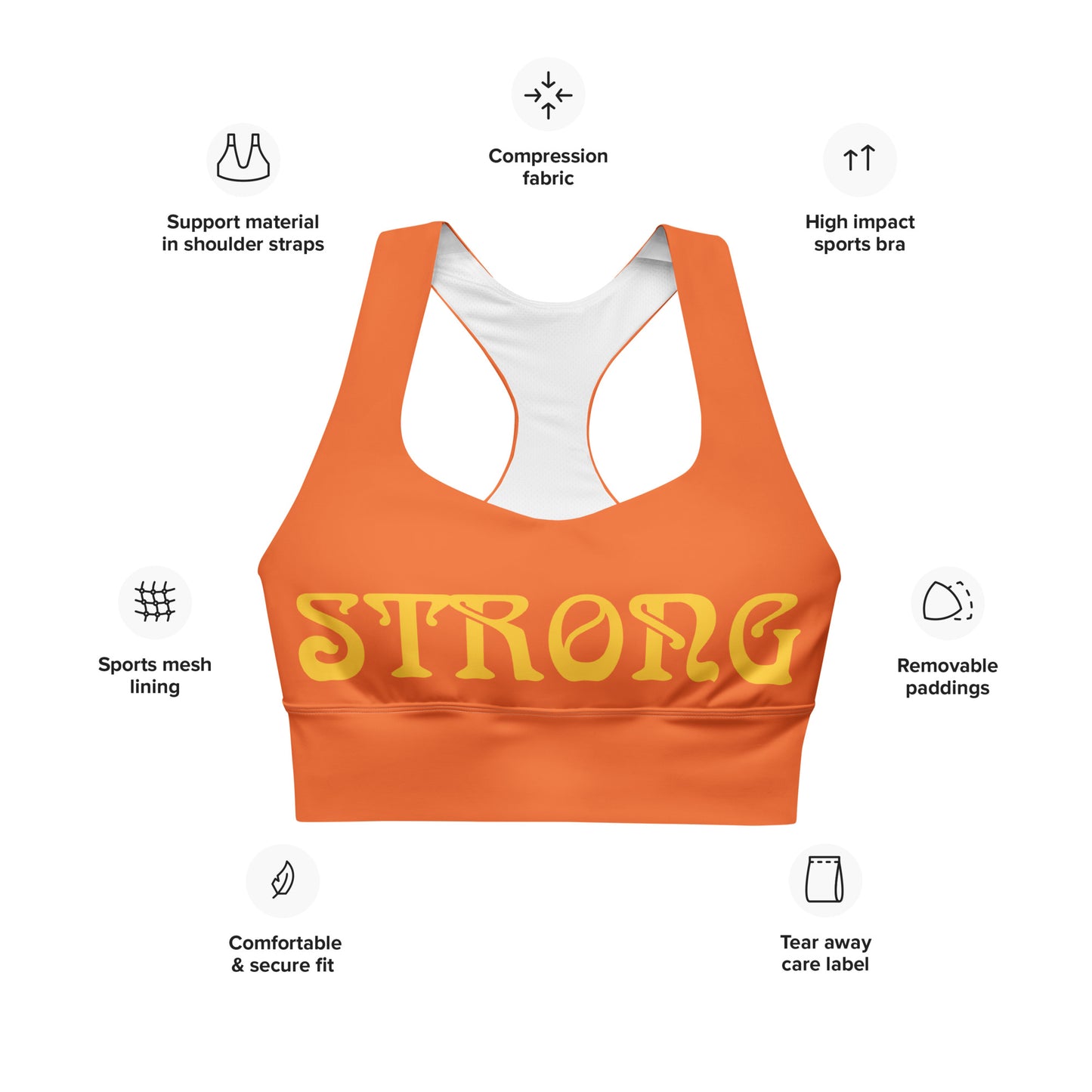 “STRONG”Orange Longline Sports Bra W/Yellow Font