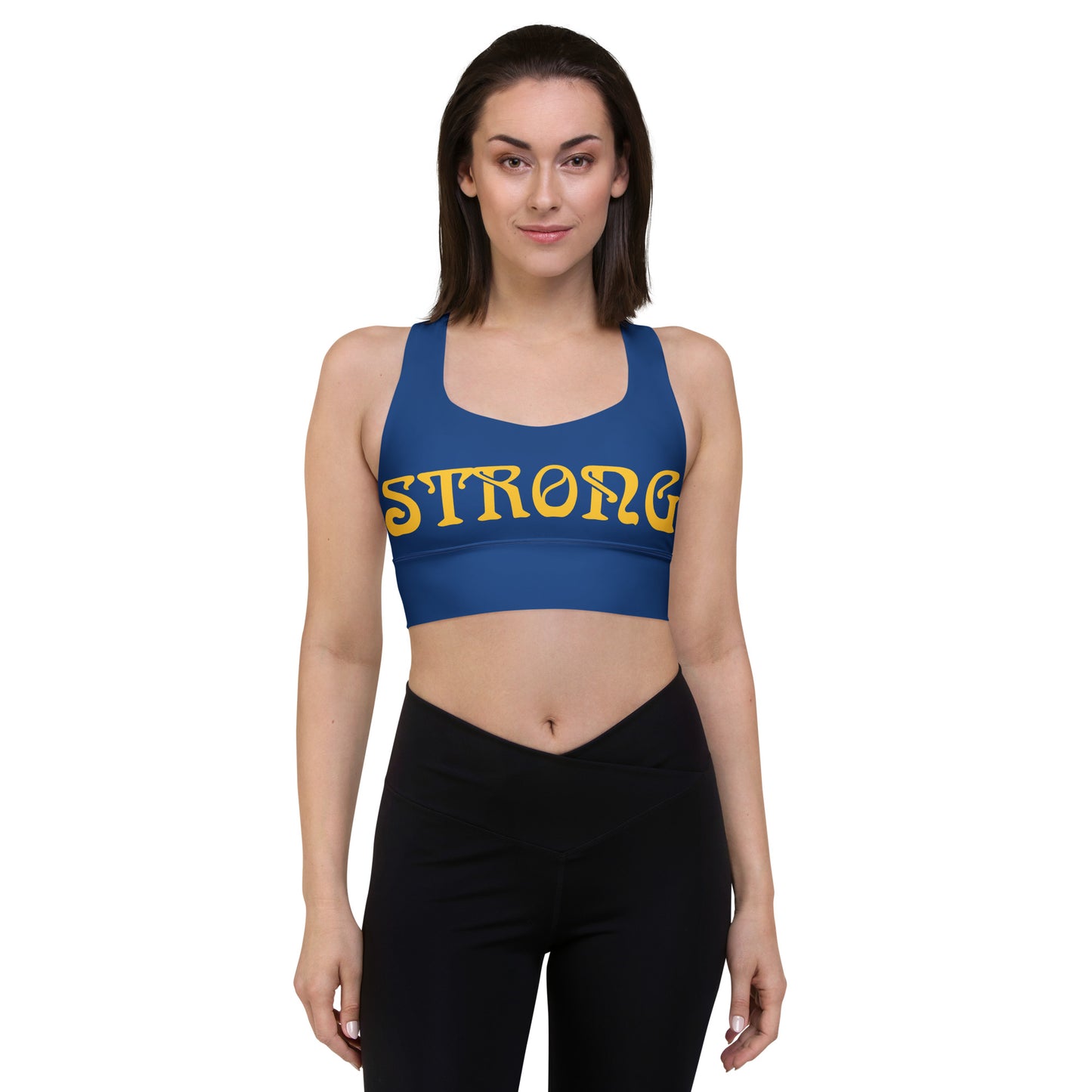 “STRONG”Blue Longline Sports Bra W/Yellow Font