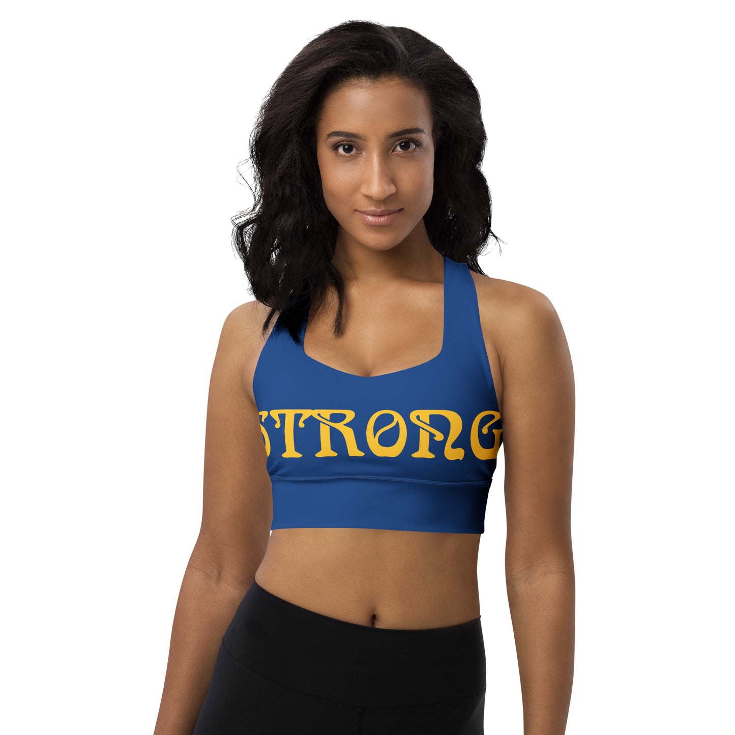 “STRONG”Blue Longline Sports Bra W/Yellow Font