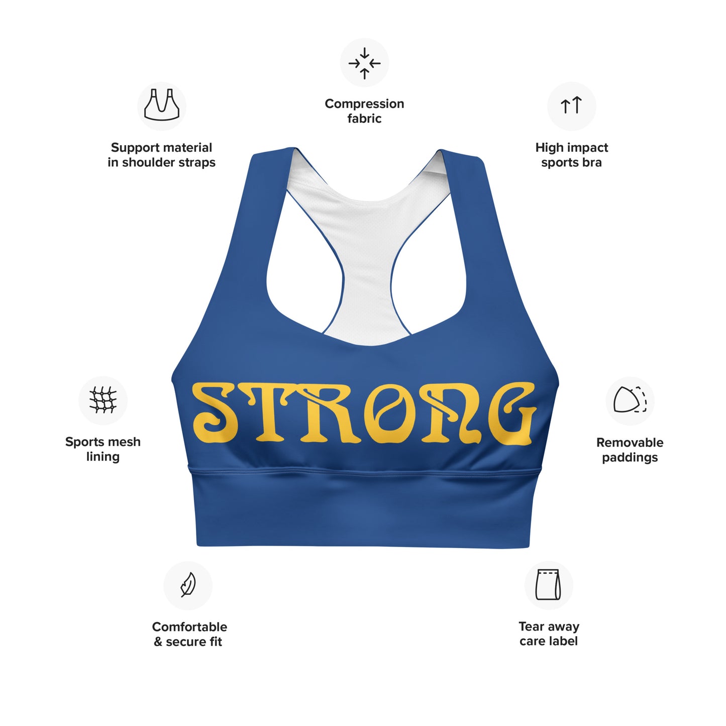 “STRONG”Blue Longline Sports Bra W/Yellow Font