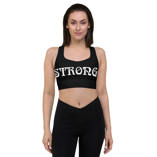 “STRONG”Black Longline Sports Bra W/White Font