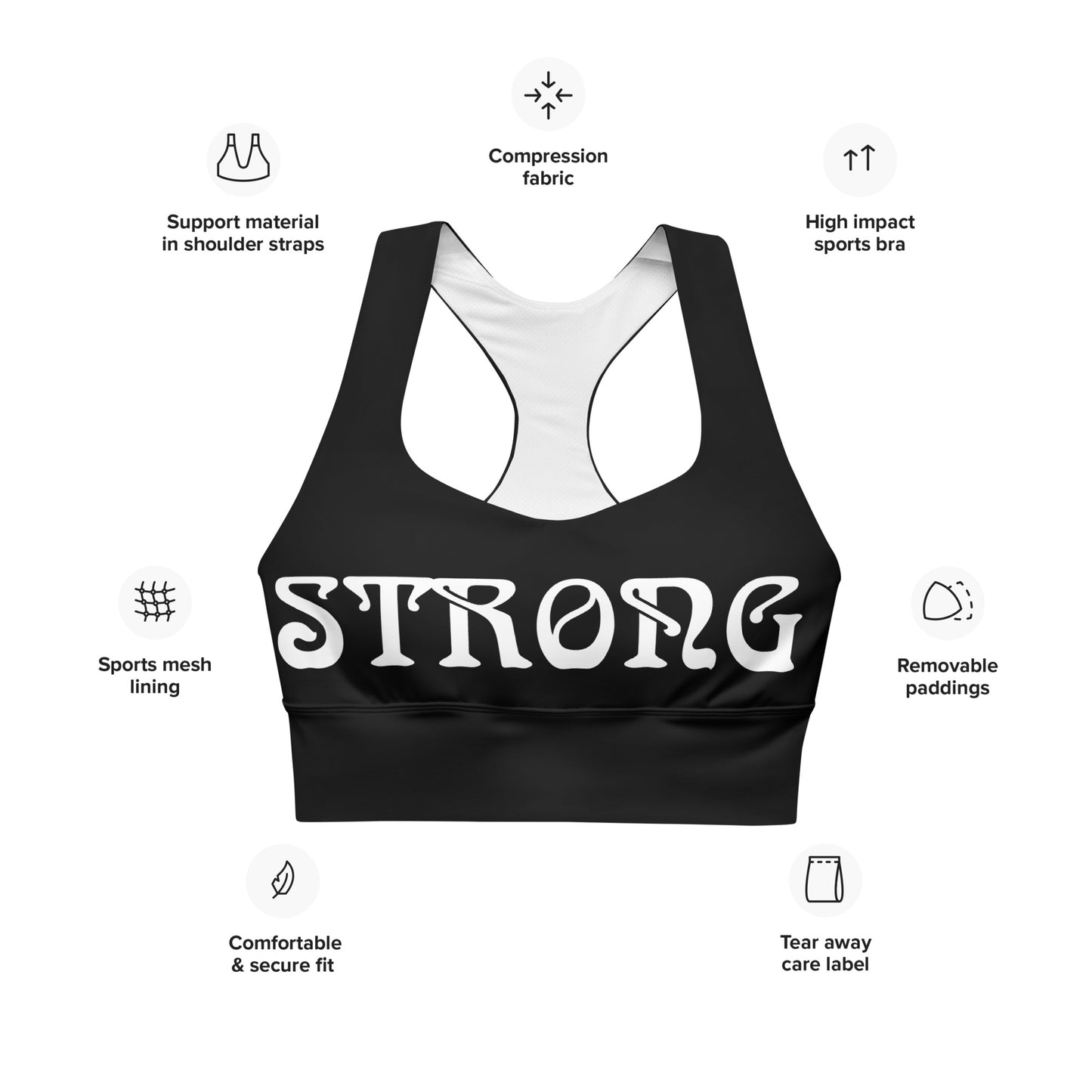 “STRONG”Black Longline Sports Bra W/White Font