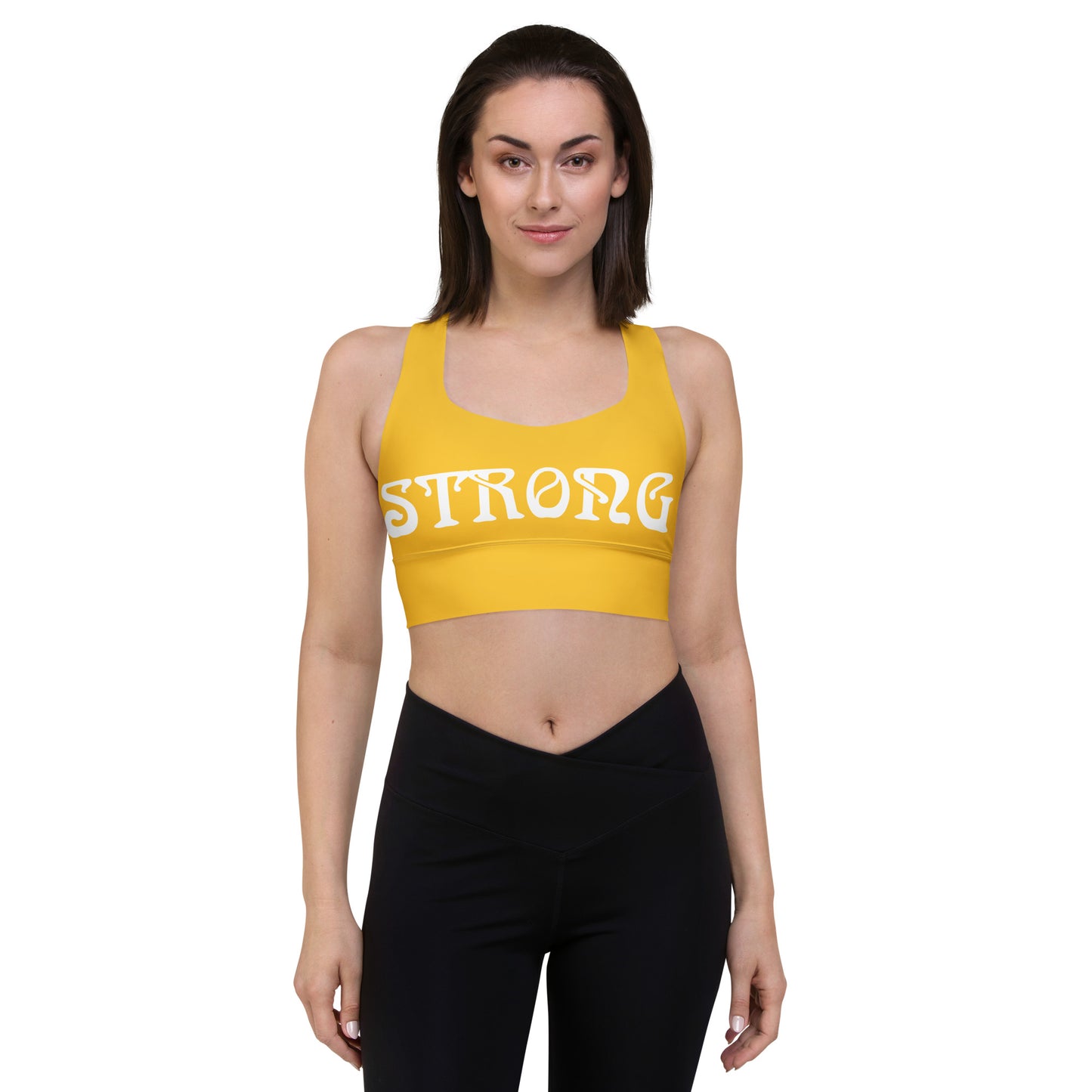 “STRONG”Yellow Longline Sports Bra W/White Font