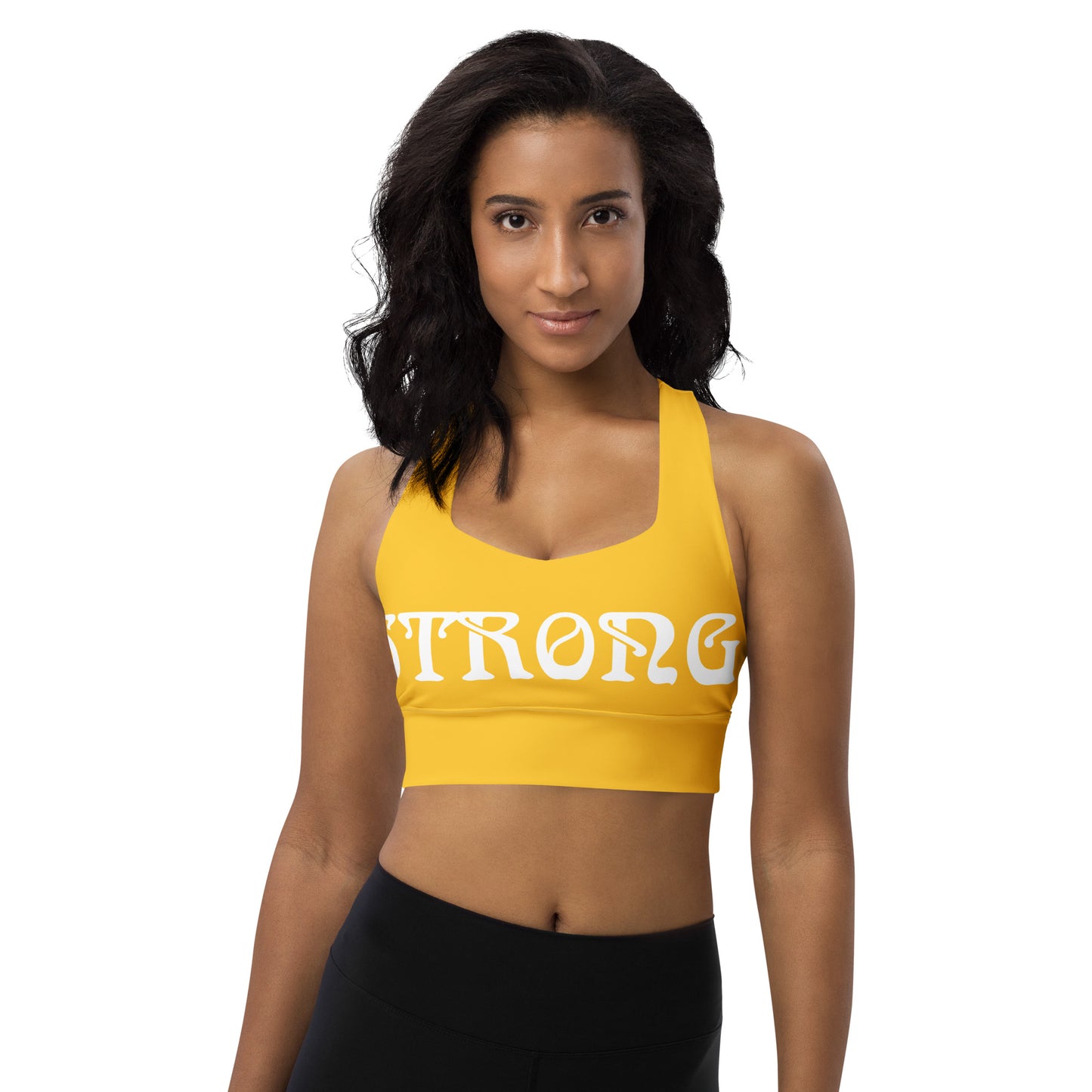 “STRONG”Yellow Longline Sports Bra W/White Font