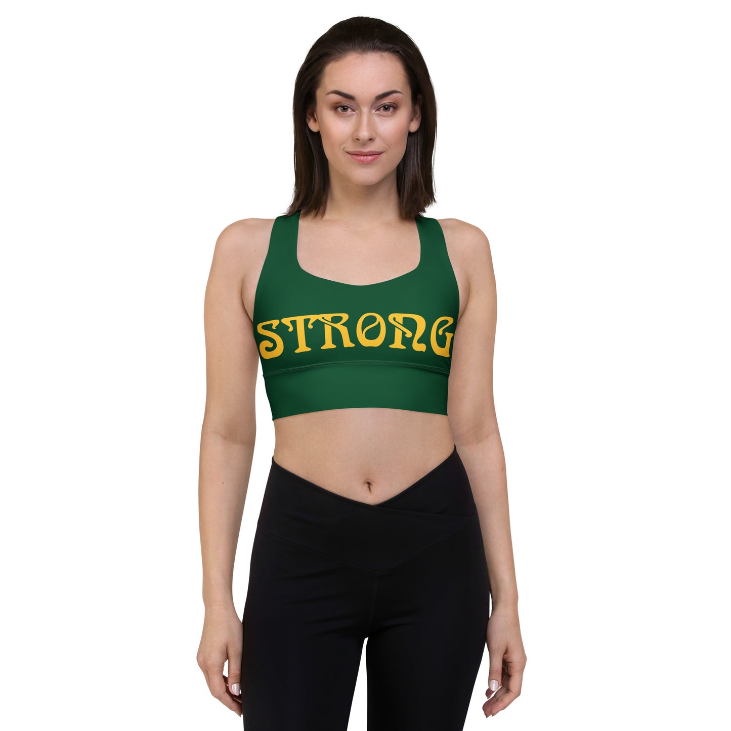 “STRONG”Green Longline Sports Bra W/Yellow Font