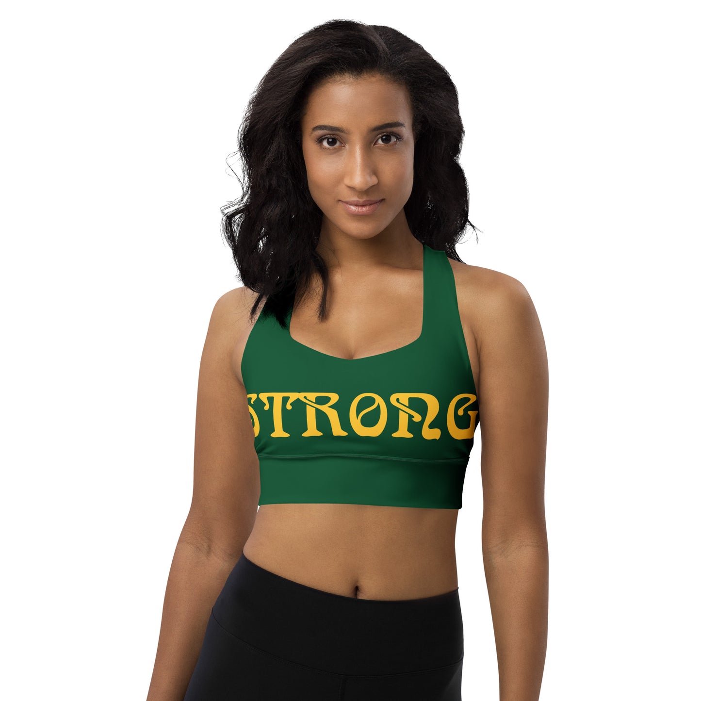 “STRONG”Green Longline Sports Bra W/Yellow Font