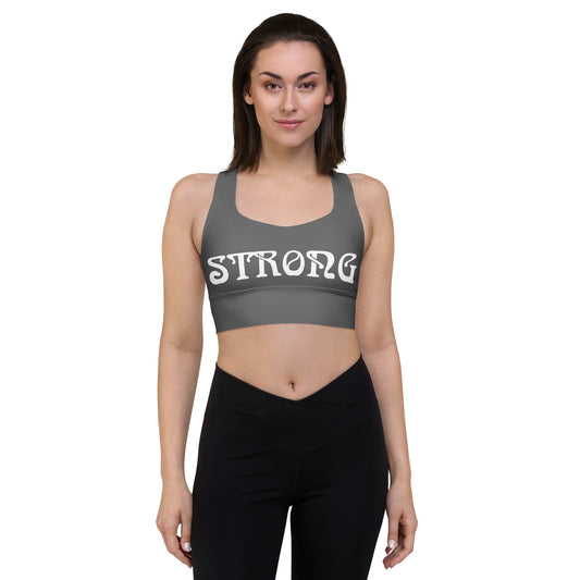 “STRONG”Grey Longline Sports Bra W/White Font