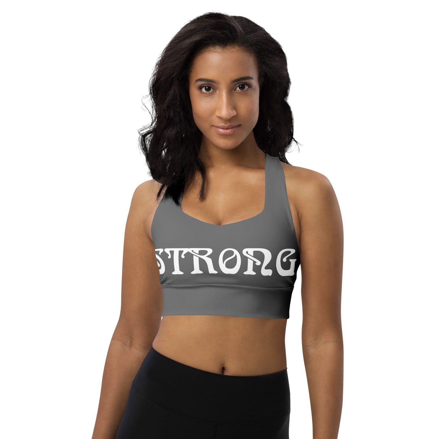 “STRONG”Grey Longline Sports Bra W/White Font